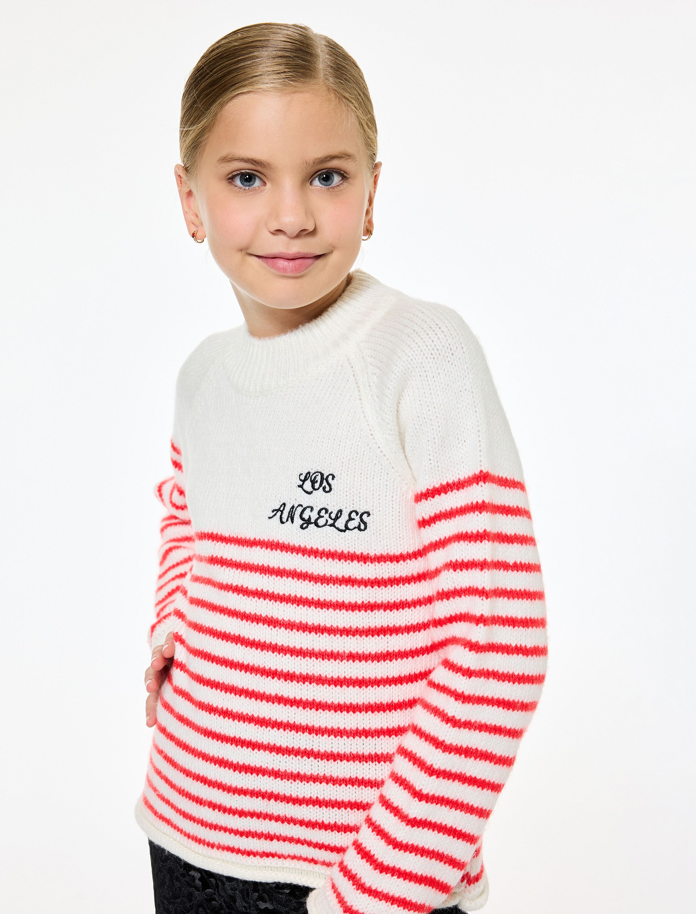 Kız Çocuk Uzun Kollu Bisiklet Yaka Ajurlu Çizgili Triko Kazak