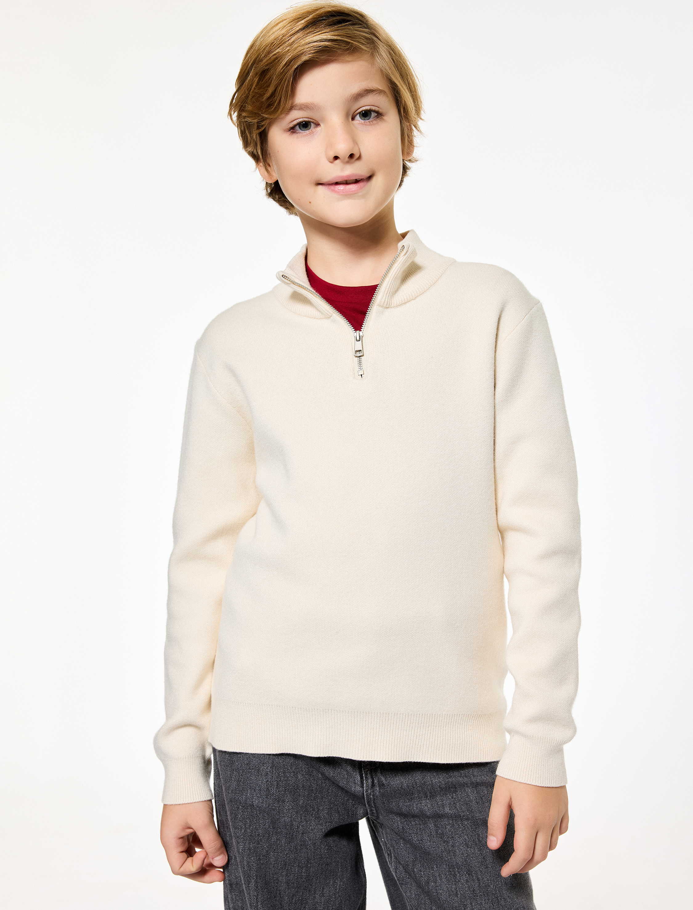  Erkek Çocuk Yarım Fermuarlı Uzun Kollu Viskon Karışımlı Triko Kazak