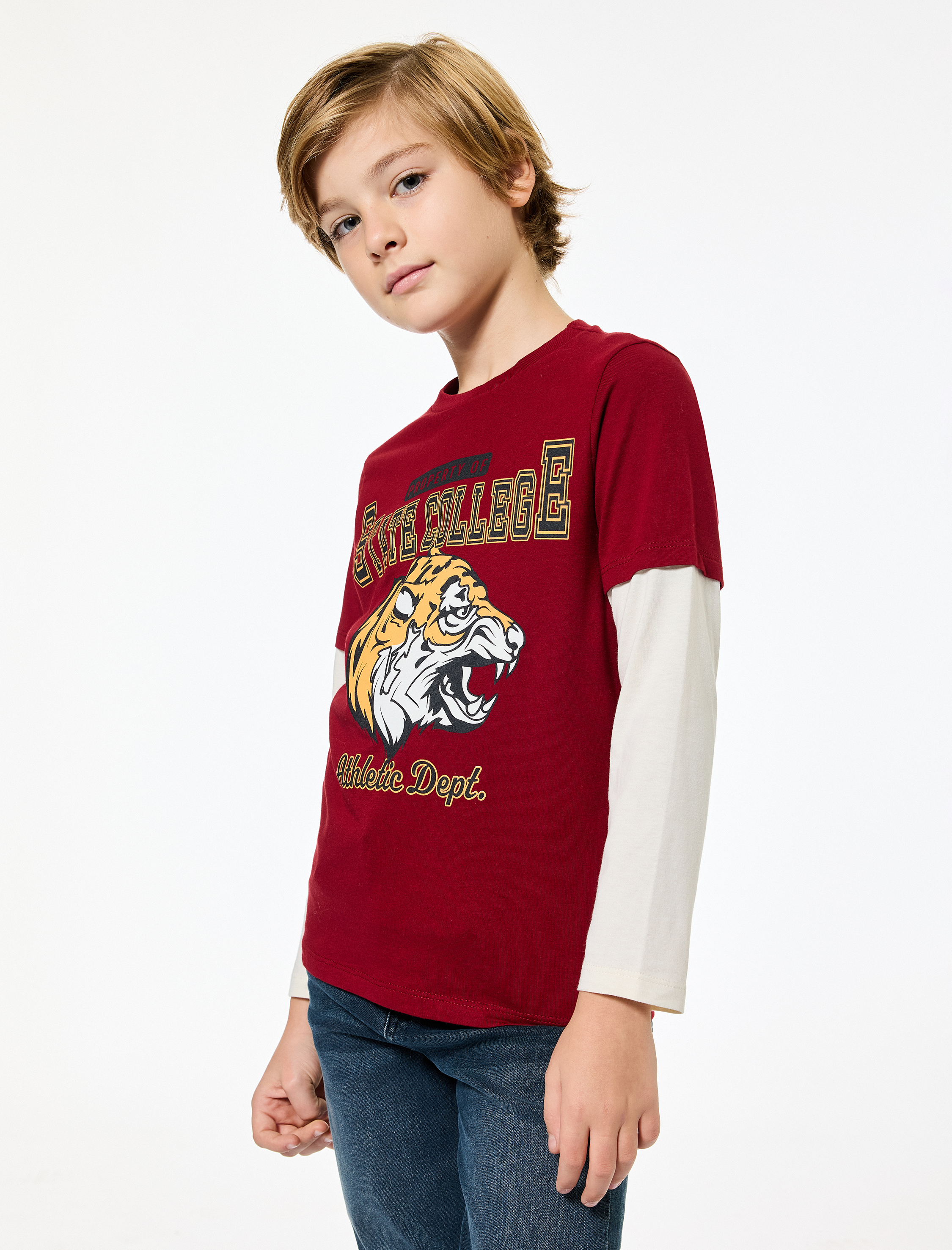  Erkek Çocuk Bisiklet Yaka Uzun Kollu Pamuklu Kaplan Baskılı Tişört