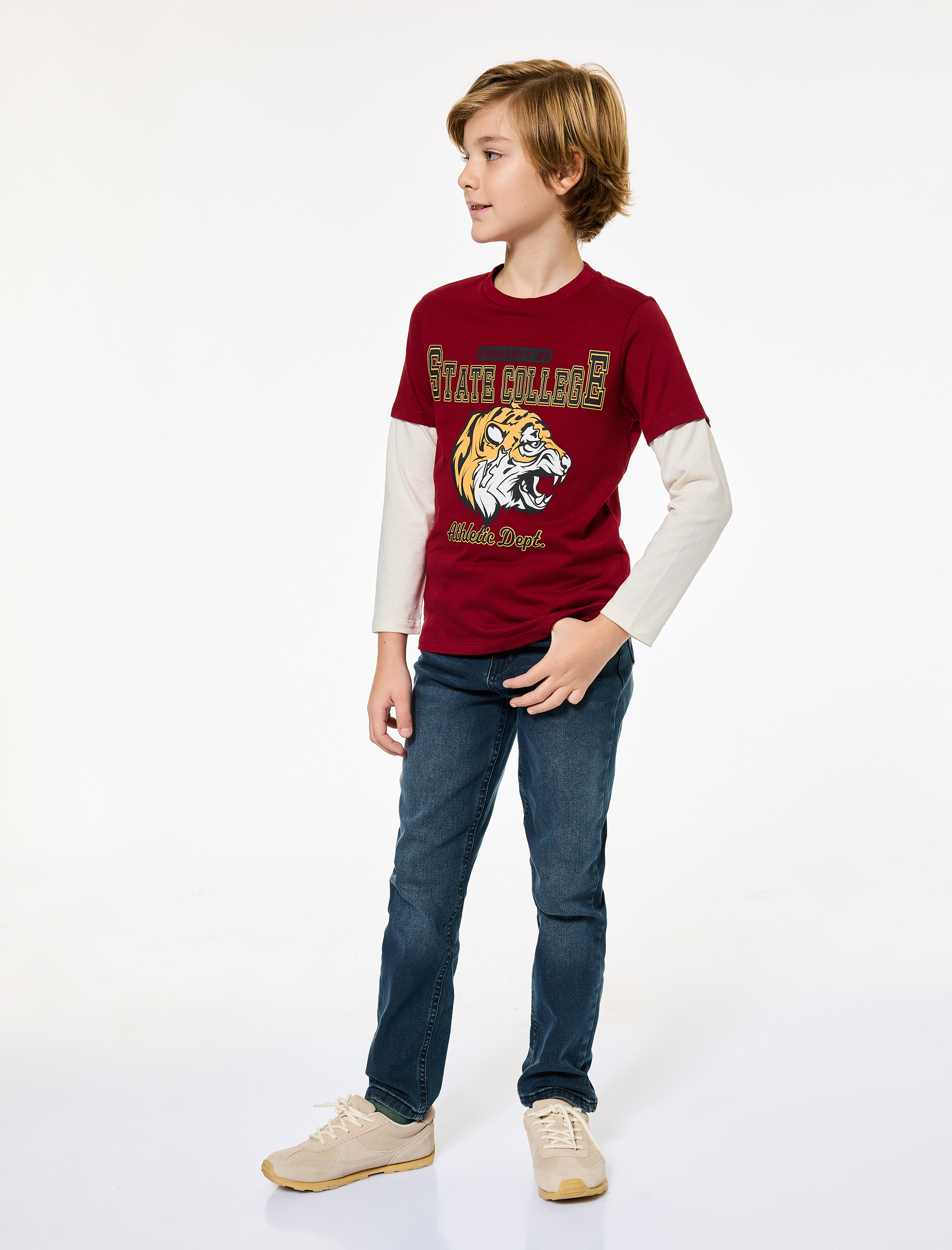  Erkek Çocuk Bisiklet Yaka Uzun Kollu Pamuklu Kaplan Baskılı Tişört