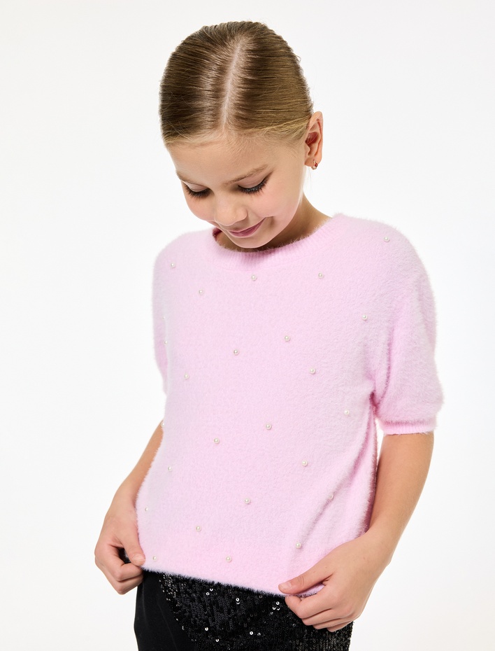 Kız Çocuk İnci Boncuk Detaylı Kısa Kollu Bisiklet Yaka Triko Kazak