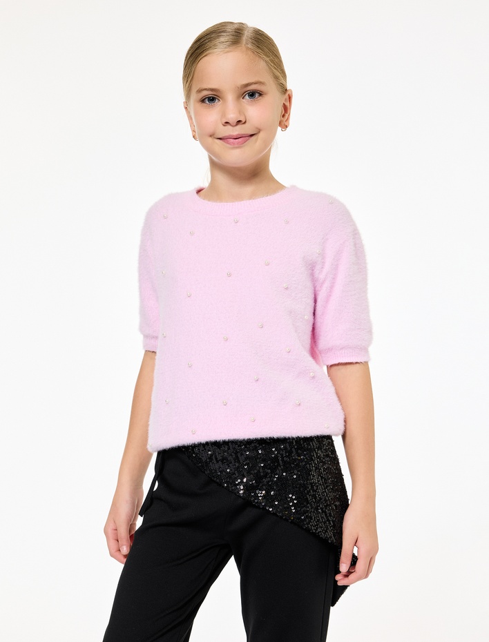 Kız Çocuk İnci Boncuk Detaylı Kısa Kollu Bisiklet Yaka Triko Kazak