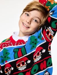 Uzun Kollu Bisiklet Yaka Yılbaşı Desenli Triko Kazak