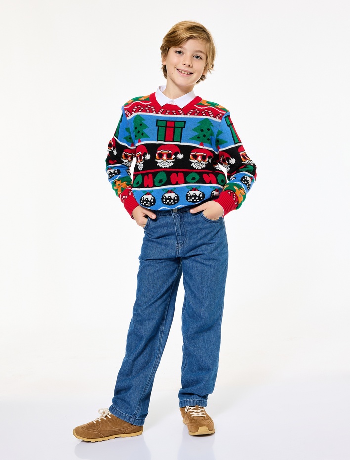 Erkek Çocuk Uzun Kollu Bisiklet Yaka Yılbaşı Desenli Triko Kazak