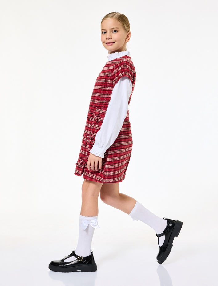 Kız Çocuk Fiyonk Detaylı Kısa Kollu Bisiklet Yaka Ekoseli Elbise