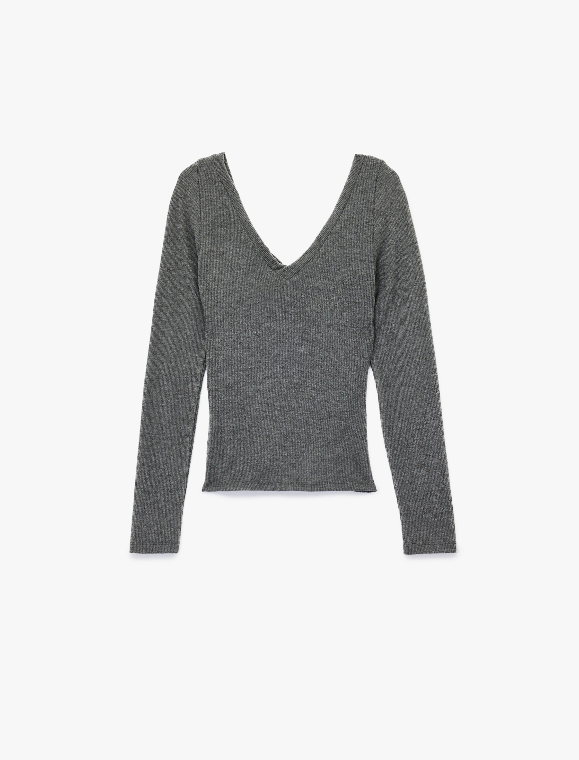   Viskon Karışımlı Slim Fit V Yaka Drape Detaylı Uzun Kollu Tişört