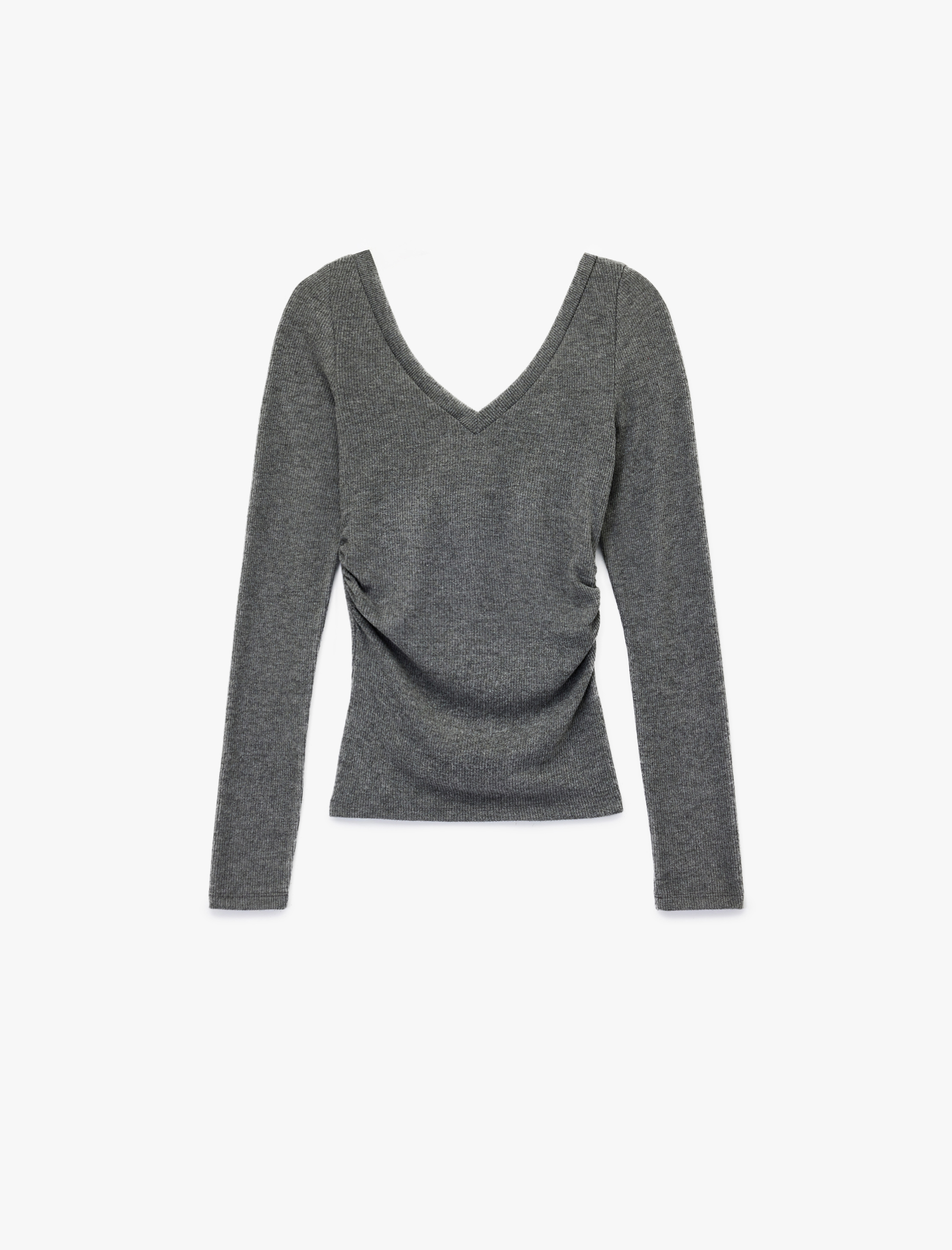   Viskon Karışımlı Slim Fit V Yaka Drape Detaylı Uzun Kollu Tişört