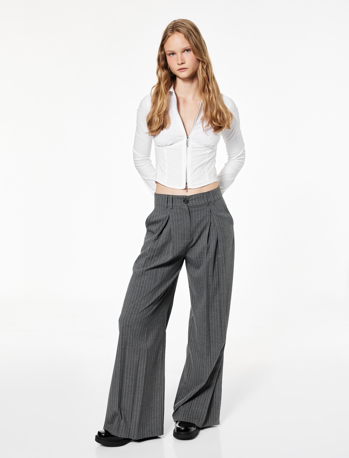  Klasik Yaka Korse Görünümlü Slim Fit Uzun Kollu Crop Fermuarlı Gömlek