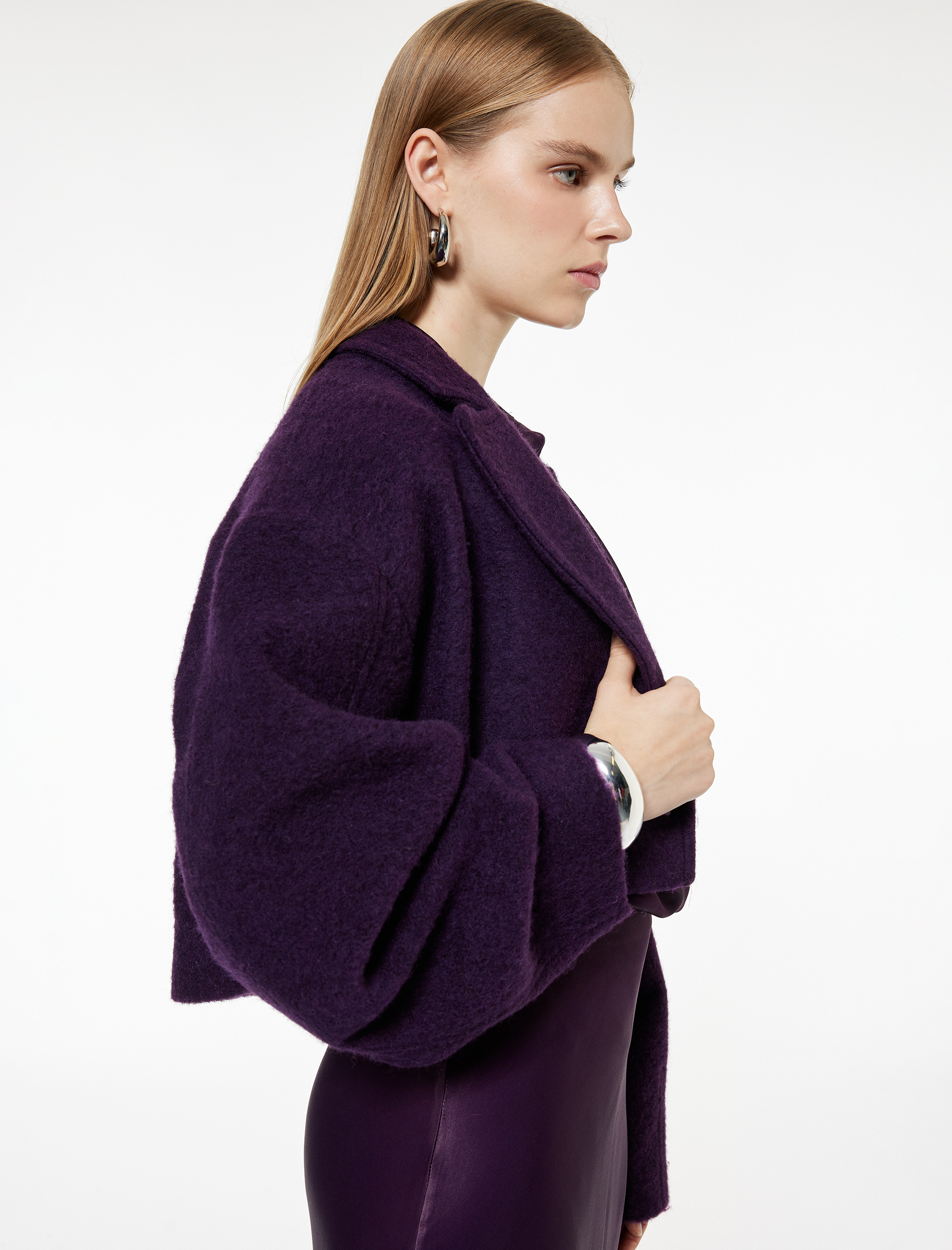 Uzun Kollu Düğmeli Kruvuze Oversize Buklet Crop Kaban