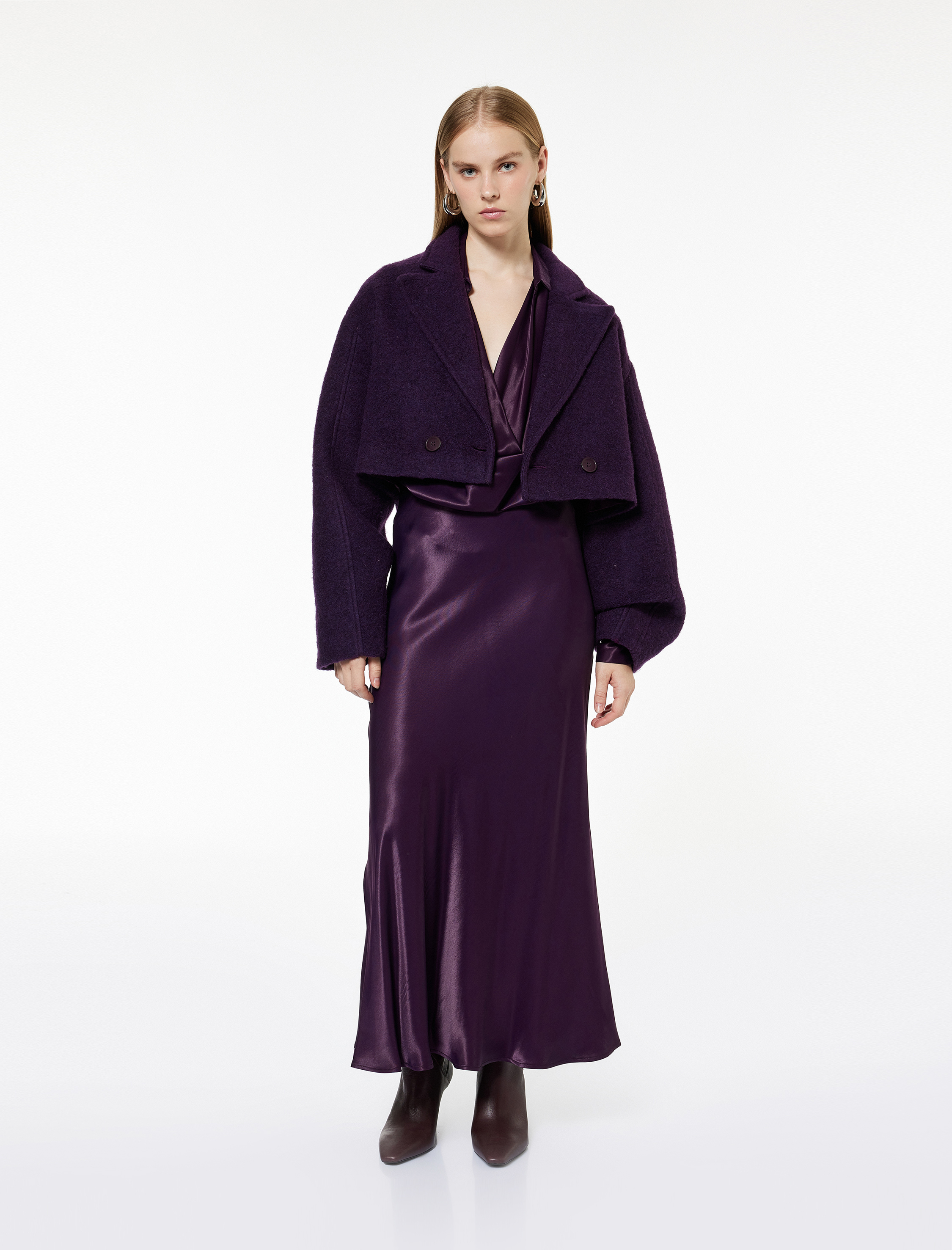 Uzun Kollu Düğmeli Kruvuze Oversize Buklet Crop Kaban