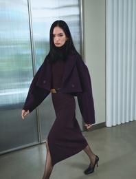 Uzun Kollu Düğmeli Kruvuze Oversize Buklet Crop Kaban