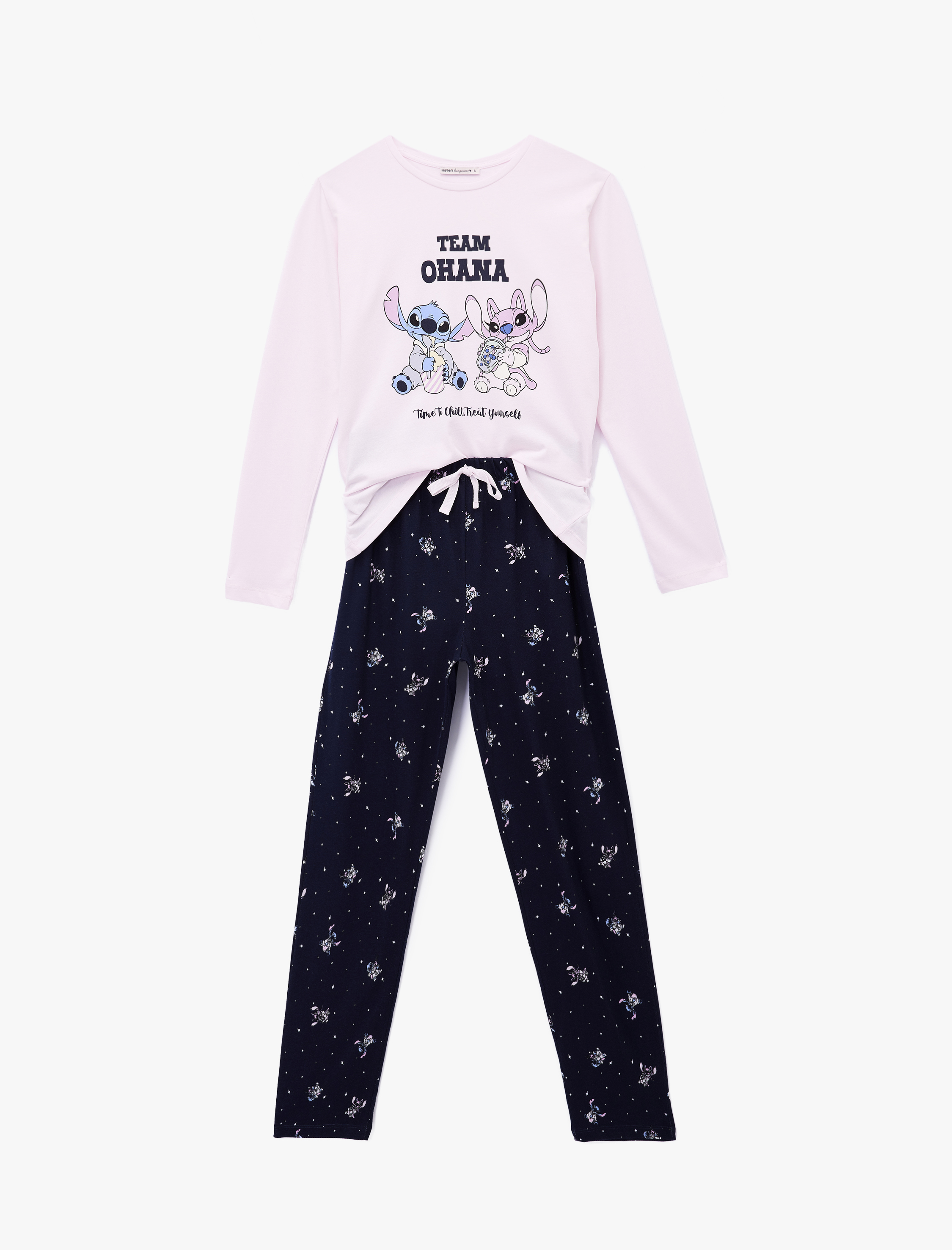   Pamuklu Bisiklet Yaka Uzun Kollu Lisans Stitch Pijama Takımı