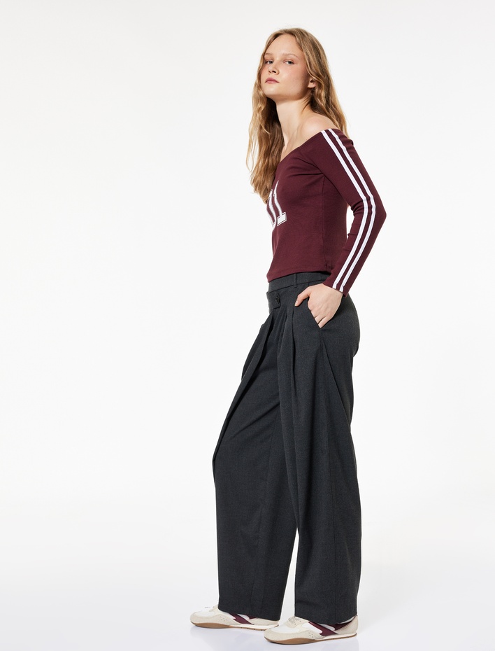  Düğme Detaylı Asimetrik Kesim Cepli Viskon Kumaş Geniş Paça Kumaş Pantolon