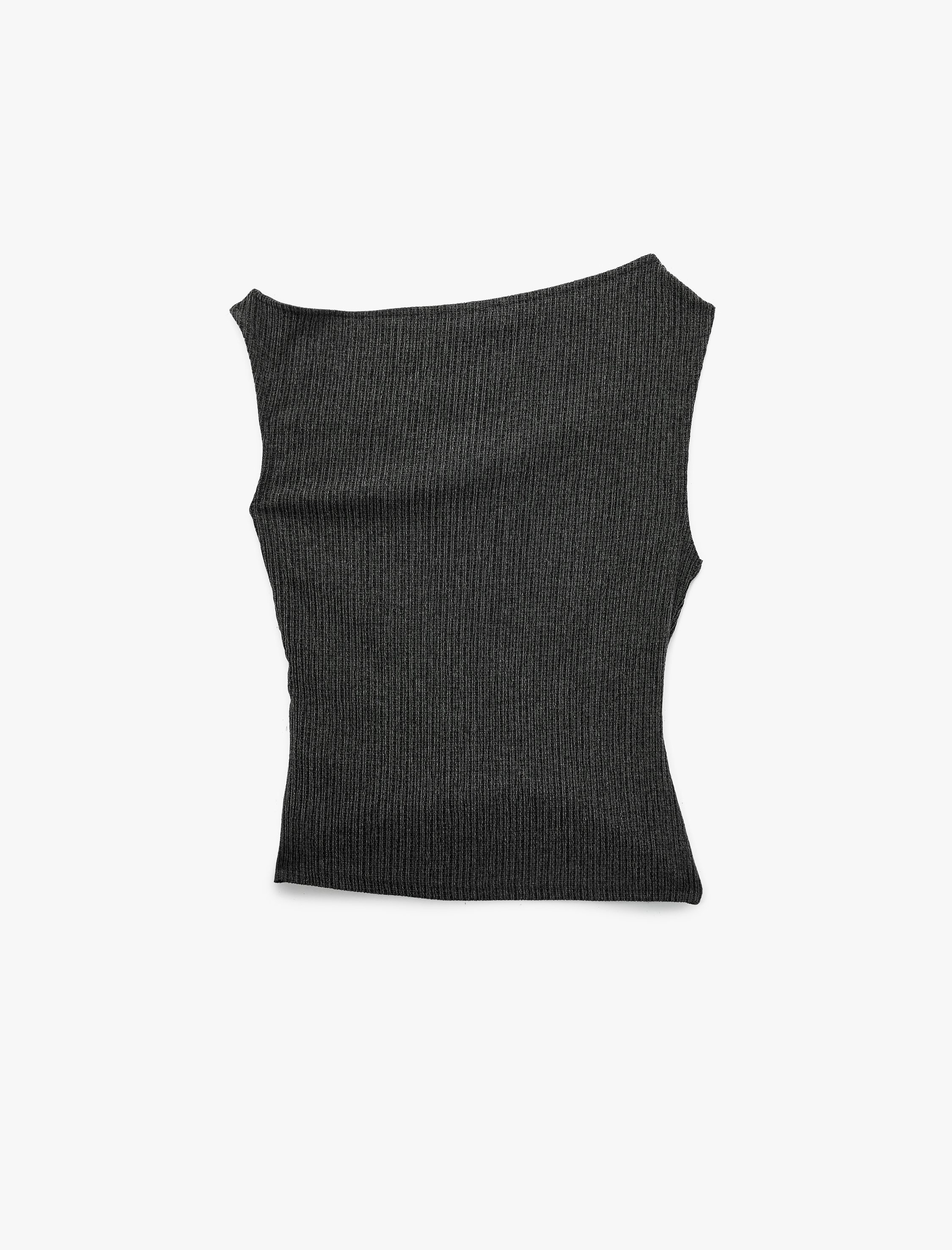   Viskon Karışımlı Drape Detaylı Dokulu Asimetrik Yaka Kolsuz Bluz