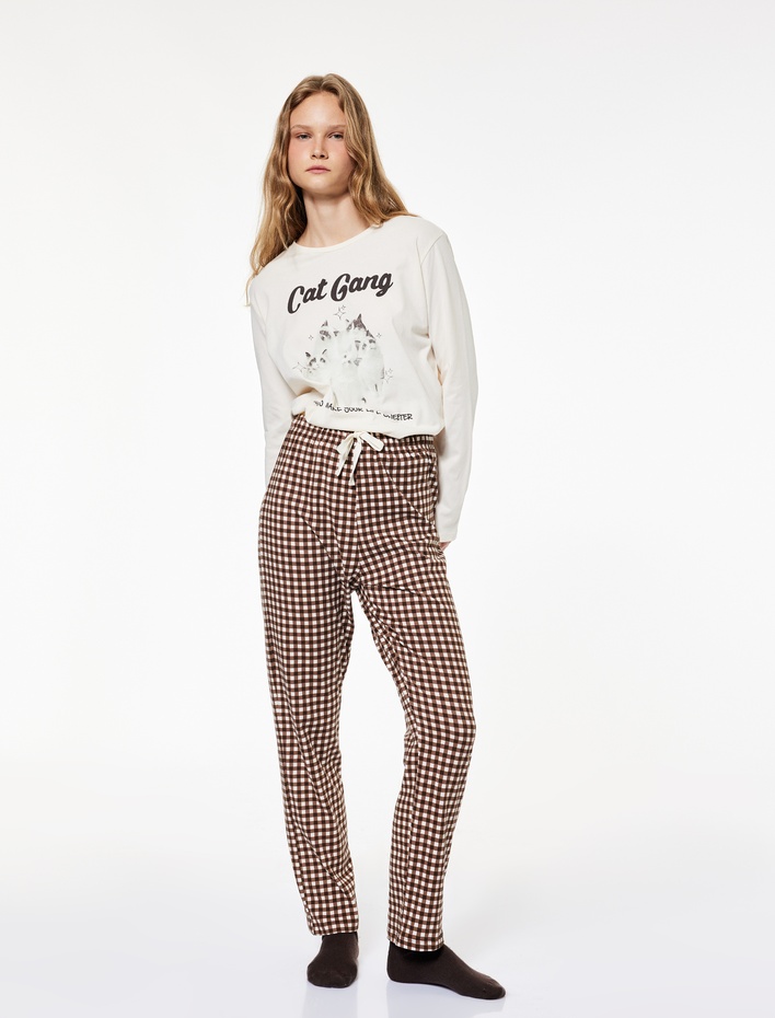  Pamuklu Baskılı Uzun Kollu Pijama Takımı