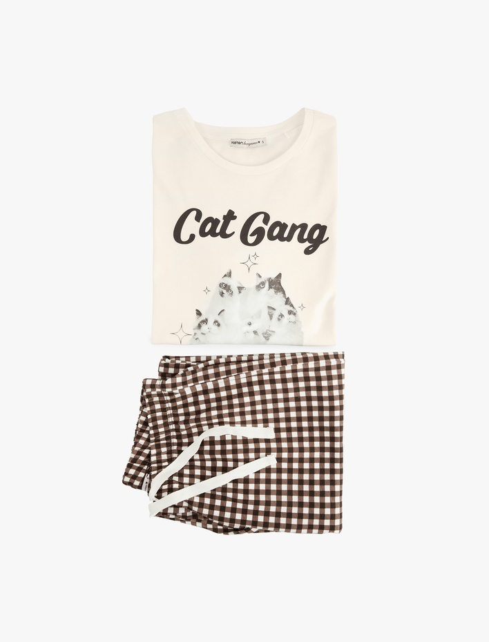  Pamuklu Baskılı Uzun Kollu Pijama Takımı