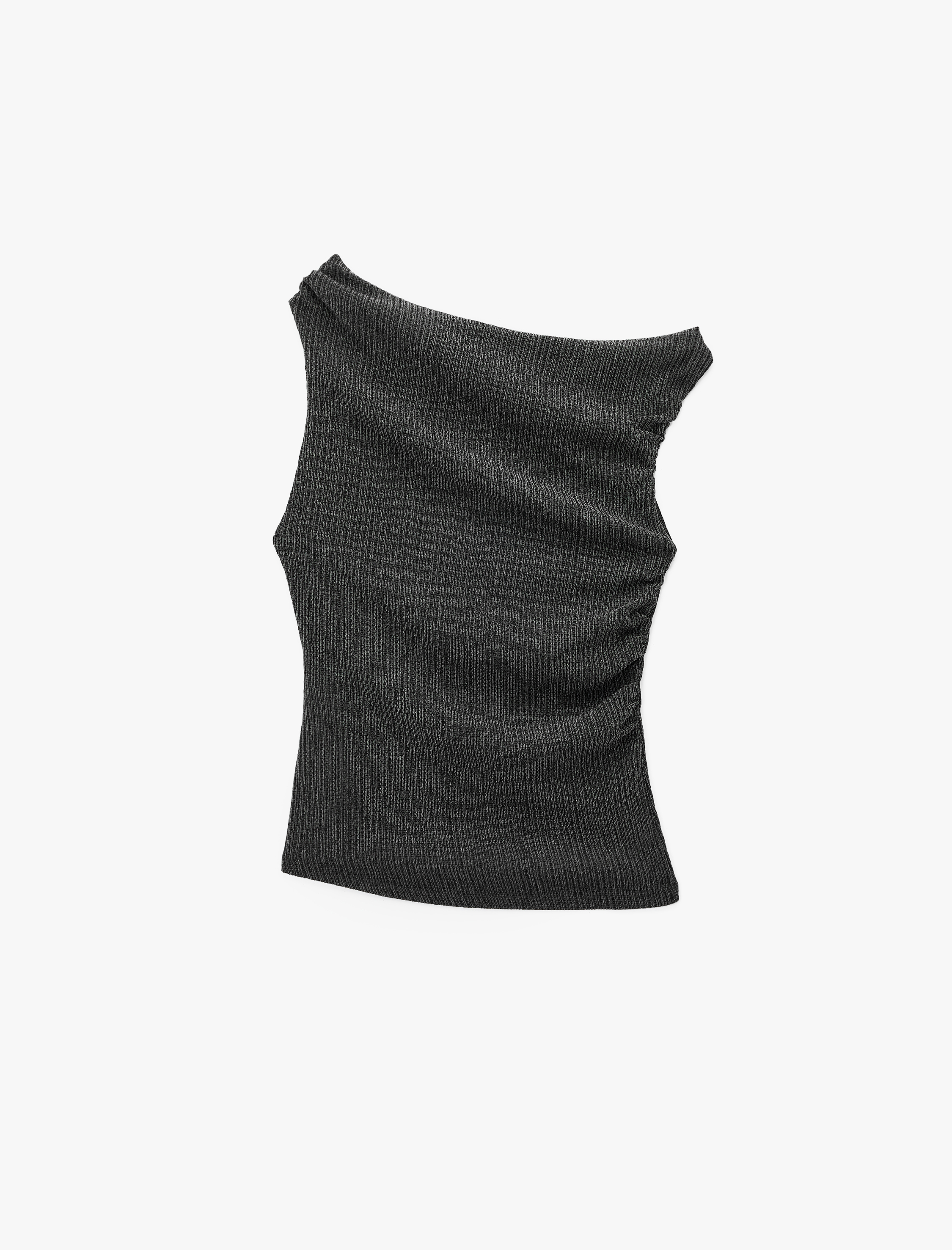   Viskon Karışımlı Drape Detaylı Dokulu Asimetrik Yaka Kolsuz Bluz