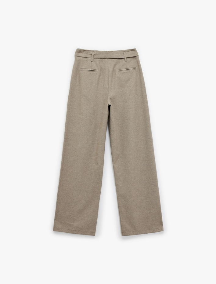  Yüksek Bel Viskon Karışımlı Kemer Detaylı Cepli Palazzo Pantolon