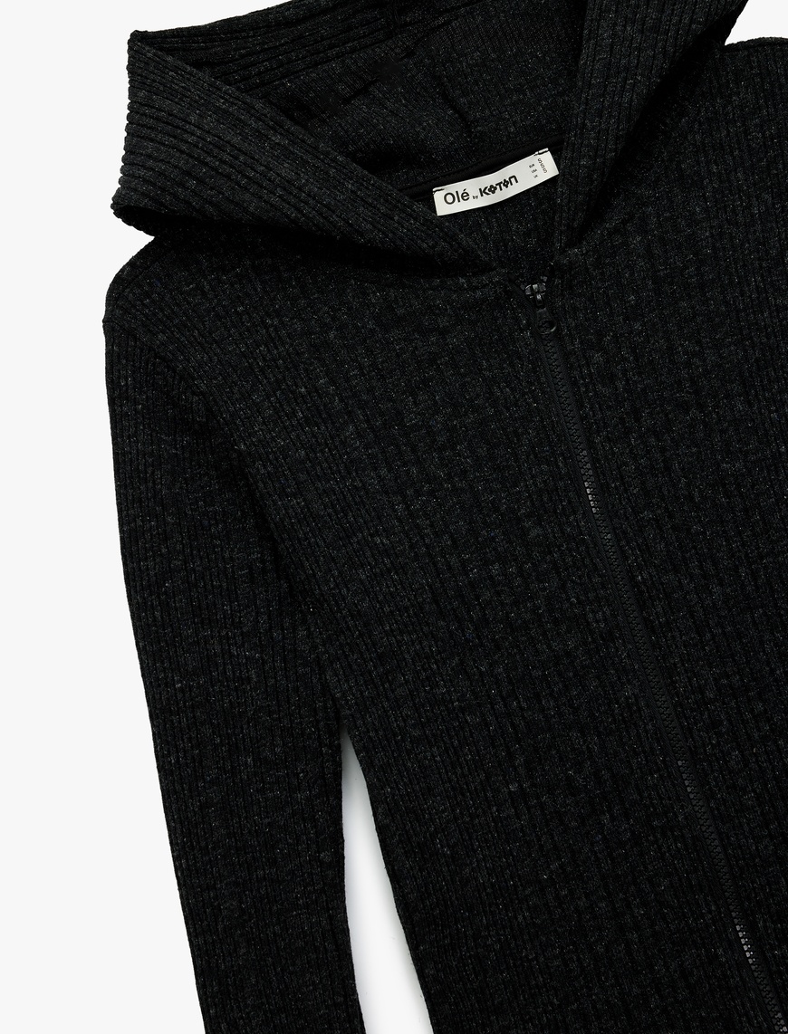   Slim Fit Kapüşonlu Uzun Kollu Dokulu Fermuarlı Hırka