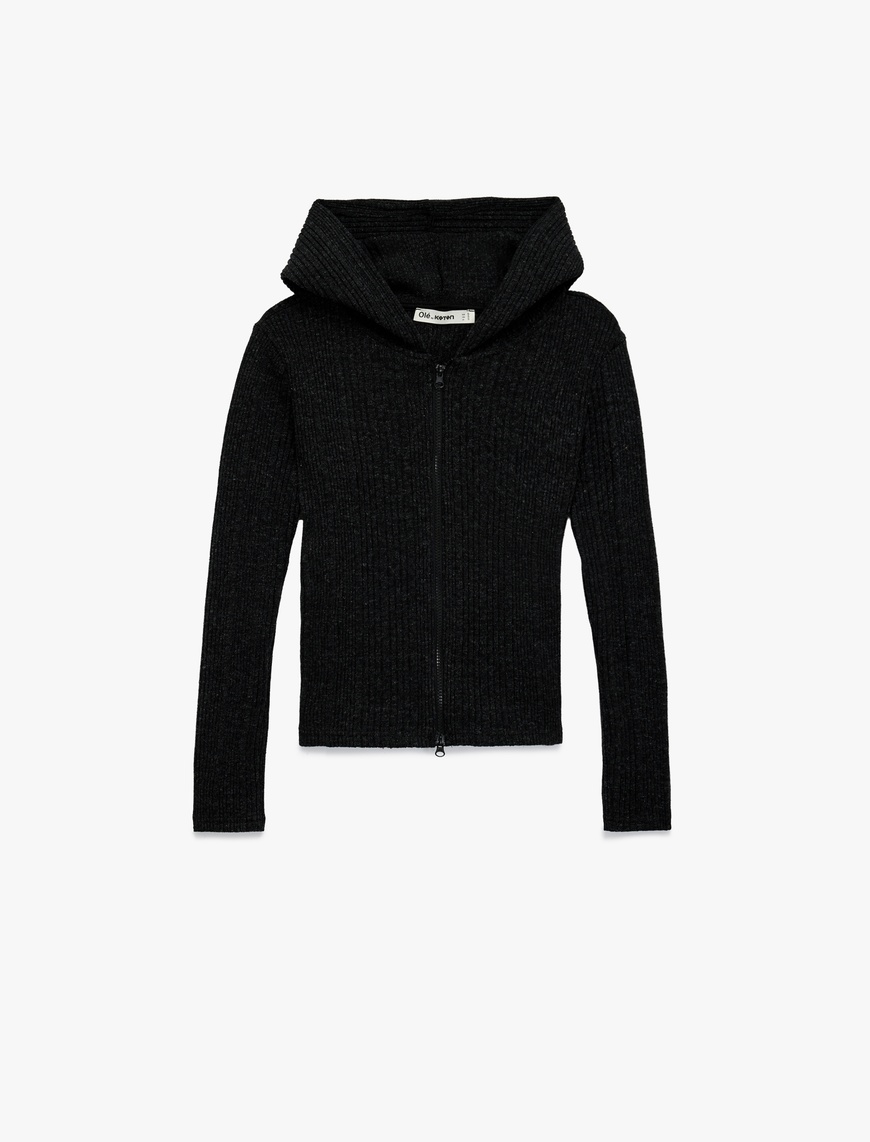   Slim Fit Kapüşonlu Uzun Kollu Dokulu Fermuarlı Hırka