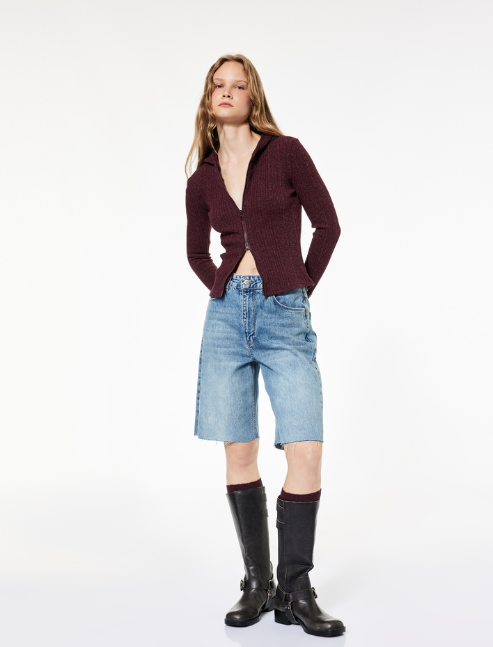  Slim Fit Kapüşonlu Uzun Kollu Dokulu Fermuarlı Hırka