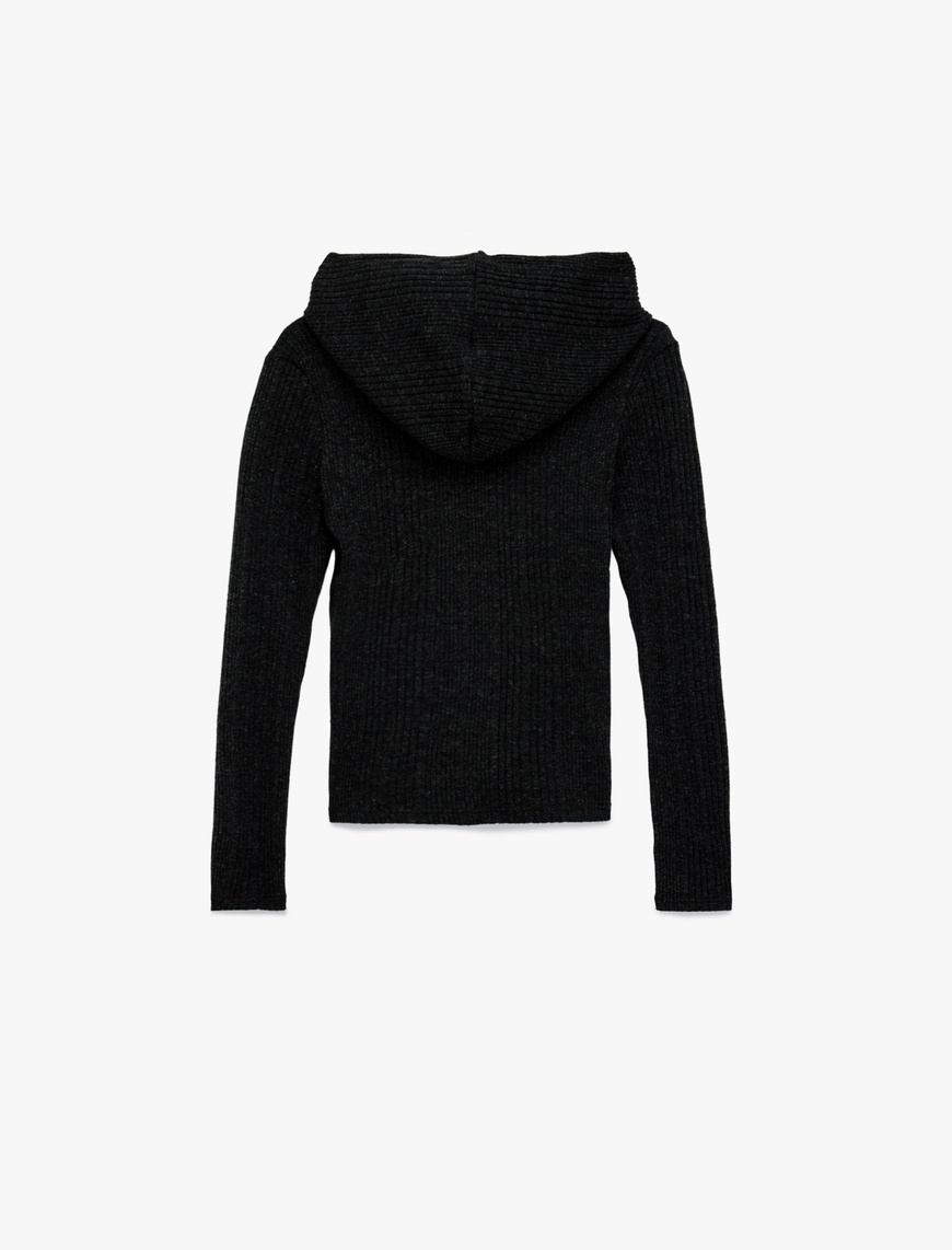   Slim Fit Kapüşonlu Uzun Kollu Dokulu Fermuarlı Hırka
