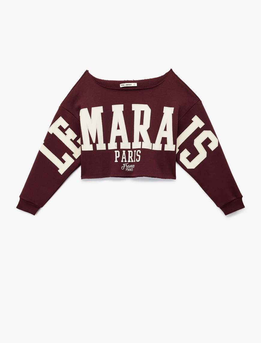   Uzun Kollu Baskılı Kayık Yaka Oversize Crop Sweatshirt