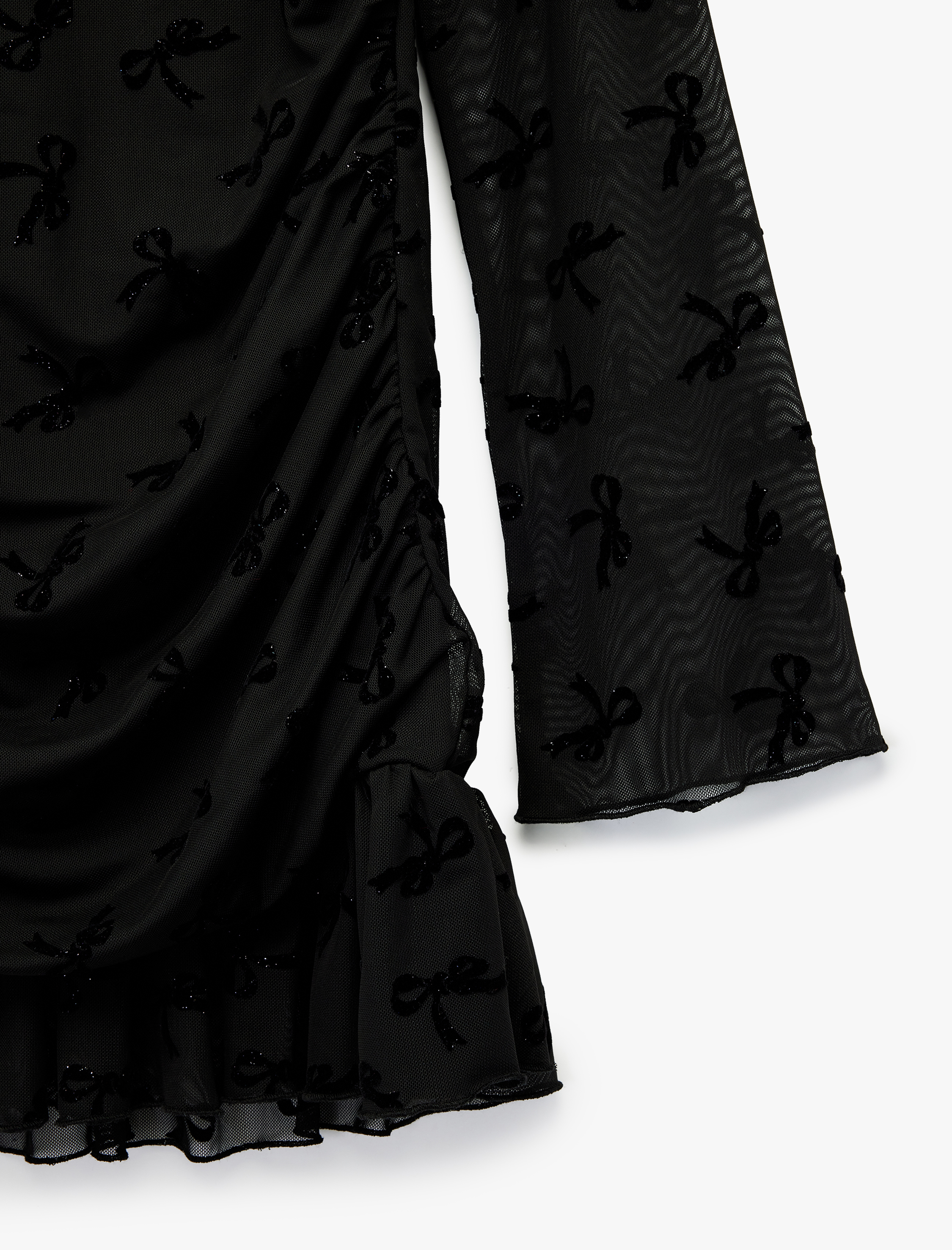  Kız Çocuk Fiyonk Detaylı Fırfırlı Uzun Kollu Yuvarlak Yaka Tül Yılbaşı Elbisesi