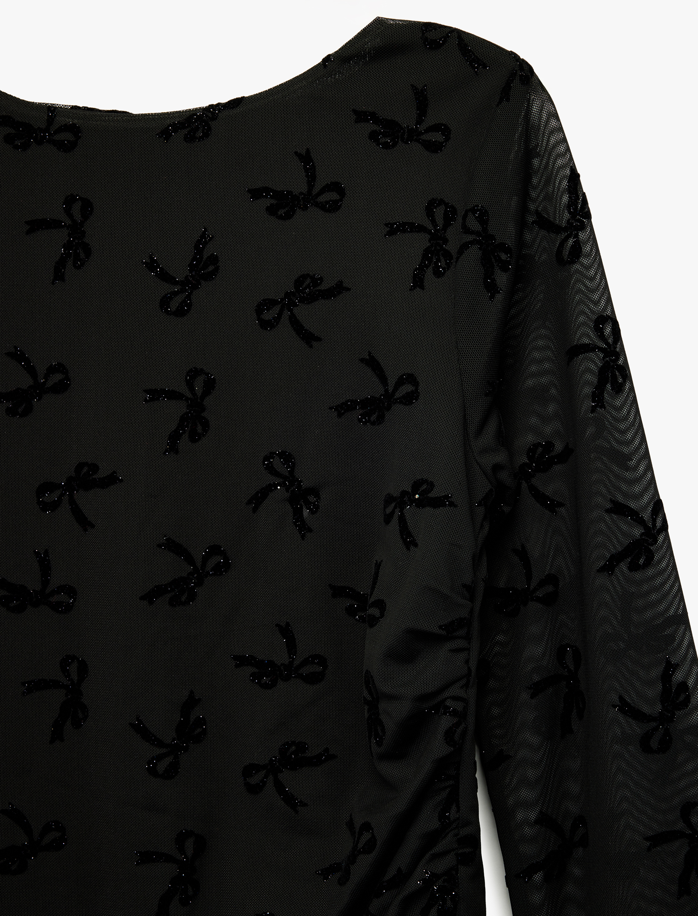  Kız Çocuk Fiyonk Detaylı Fırfırlı Uzun Kollu Yuvarlak Yaka Tül Yılbaşı Elbisesi