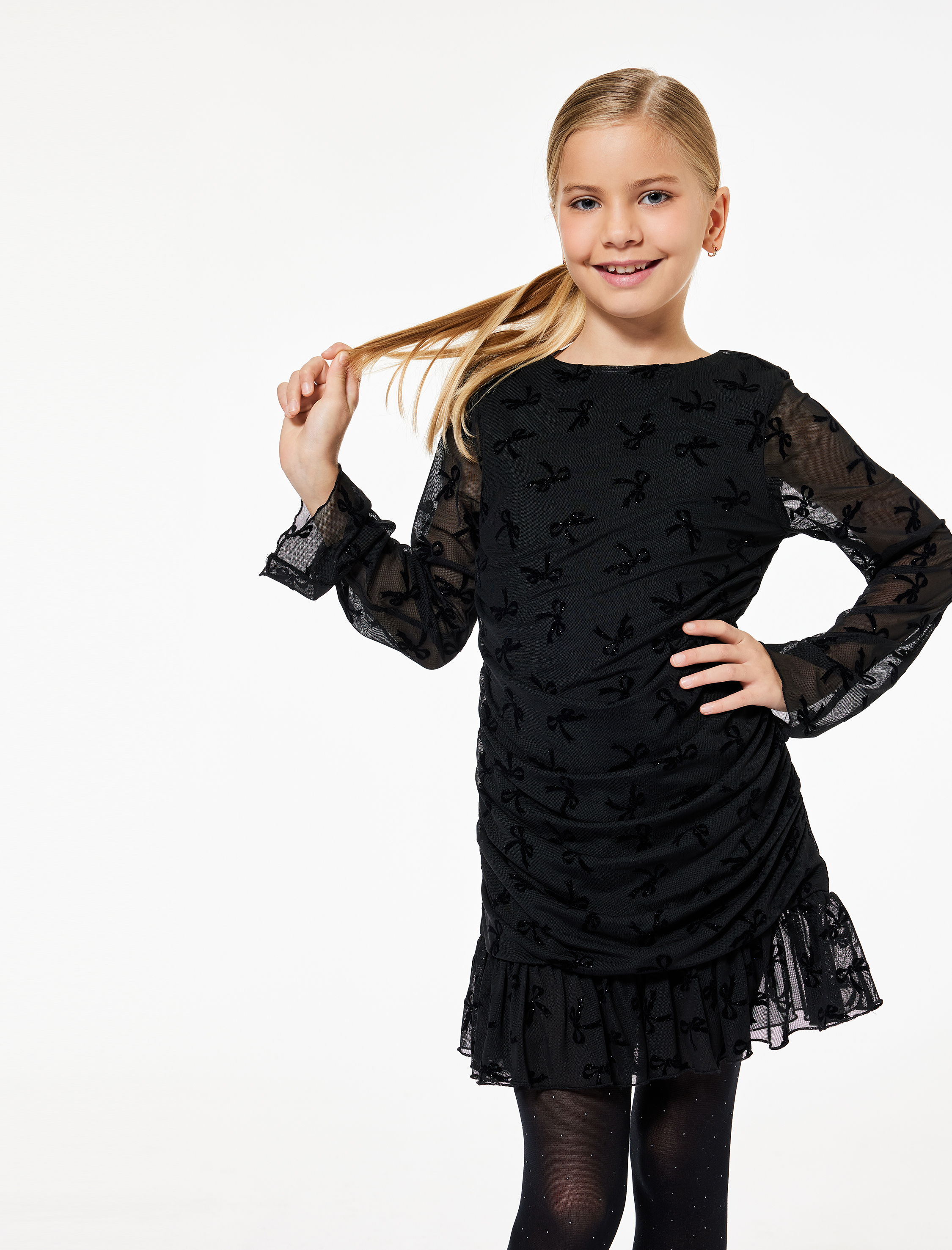  Kız Çocuk Fiyonk Detaylı Fırfırlı Uzun Kollu Yuvarlak Yaka Tül Yılbaşı Elbisesi
