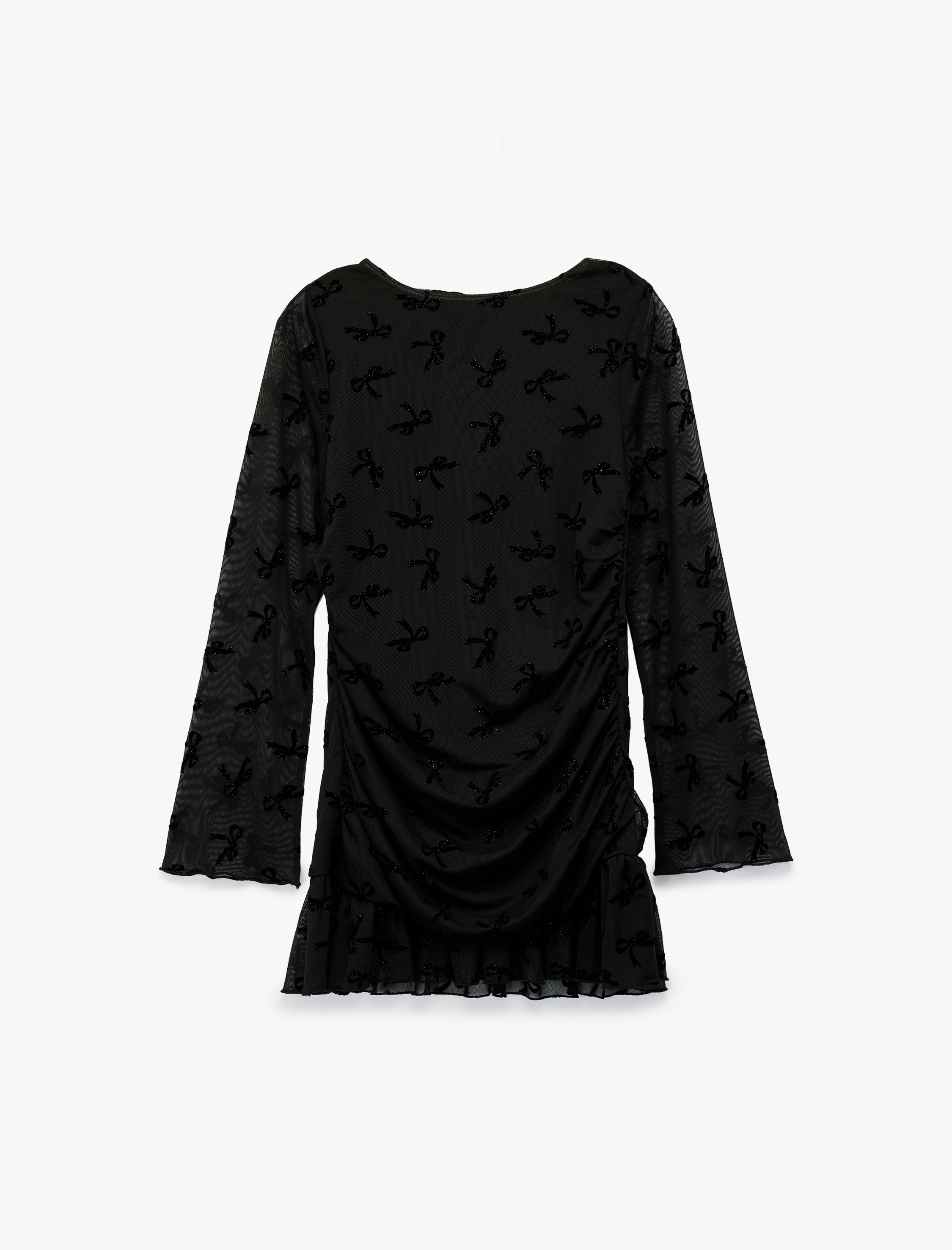  Kız Çocuk Fiyonk Detaylı Fırfırlı Uzun Kollu Yuvarlak Yaka Tül Yılbaşı Elbisesi