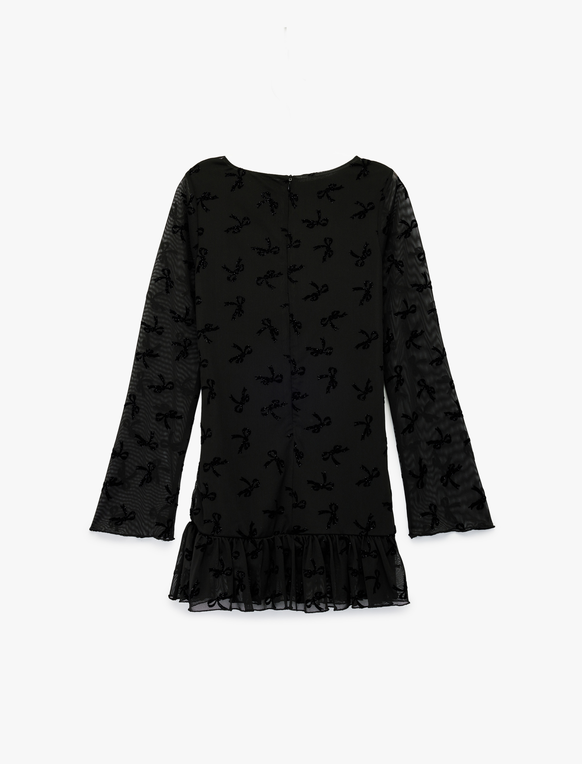  Kız Çocuk Fiyonk Detaylı Fırfırlı Uzun Kollu Yuvarlak Yaka Tül Yılbaşı Elbisesi