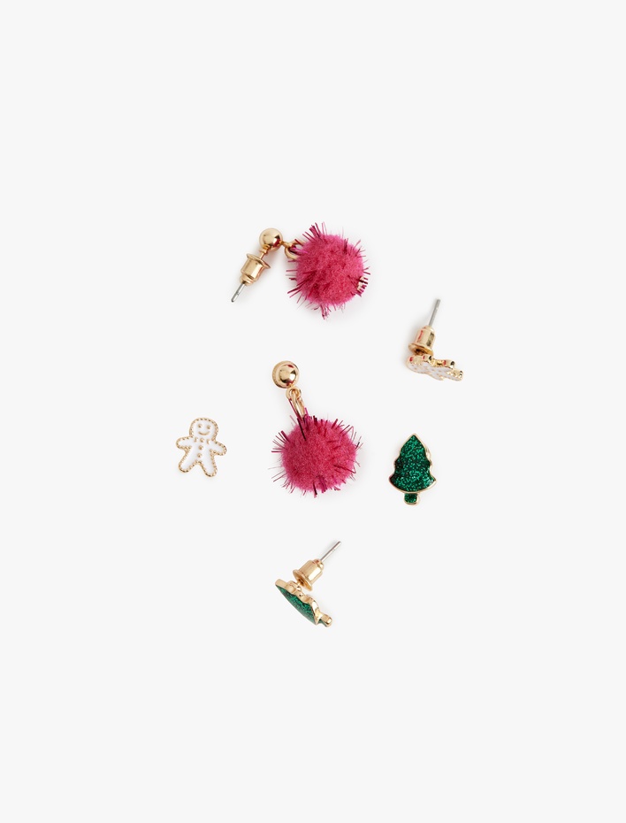 Kadın Çok Renkli Ponponlu Yılbaşı Temalı 3'lü Küpe Seti