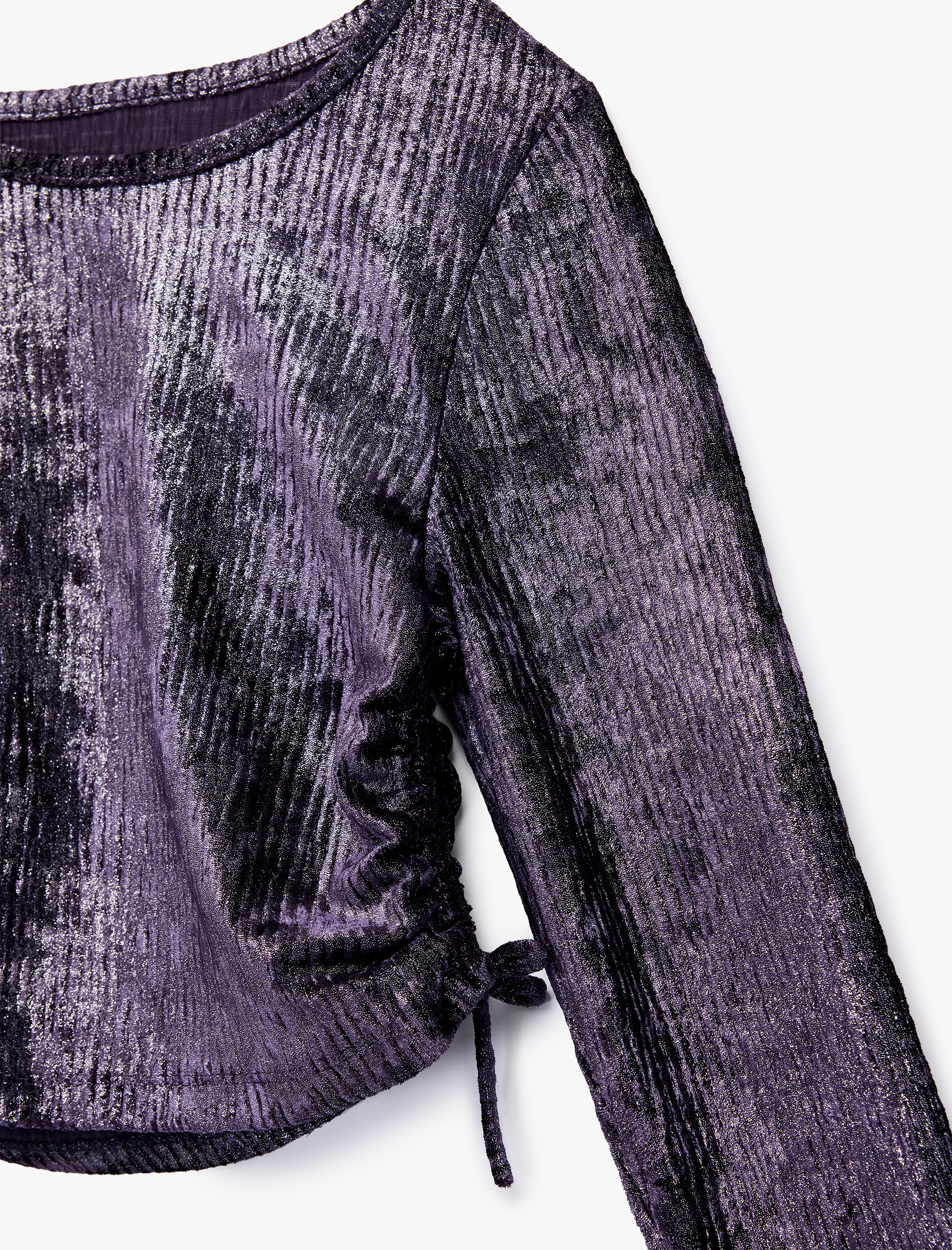  Kız Çocuk Büzgü Detaylı Uzun Kollu Bisiklet Yaka Parlak Crop Bluz