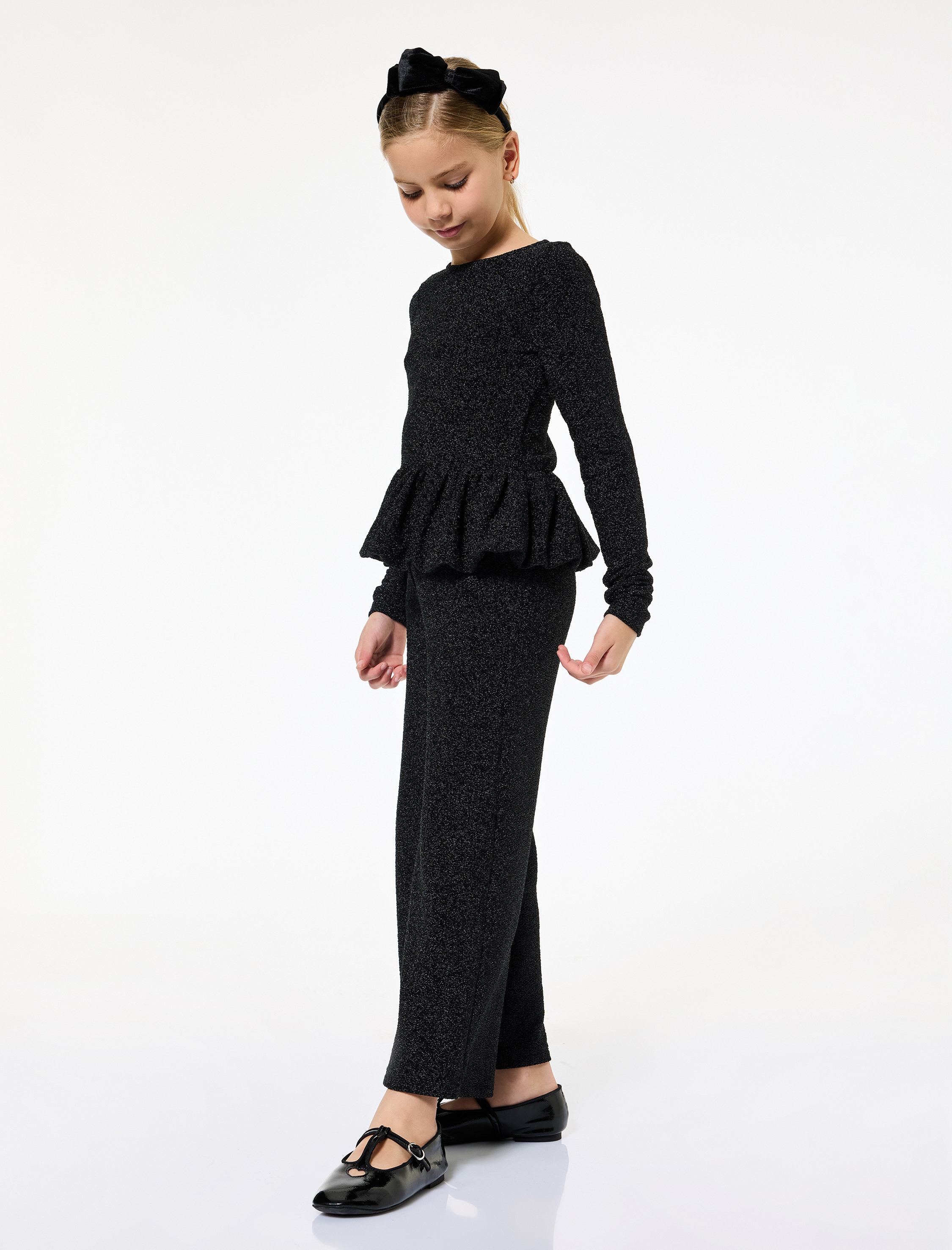  Kız Çocuk Parlak Detaylı Beli Lastikli Geniş Paça Yılbaşı Pantolon