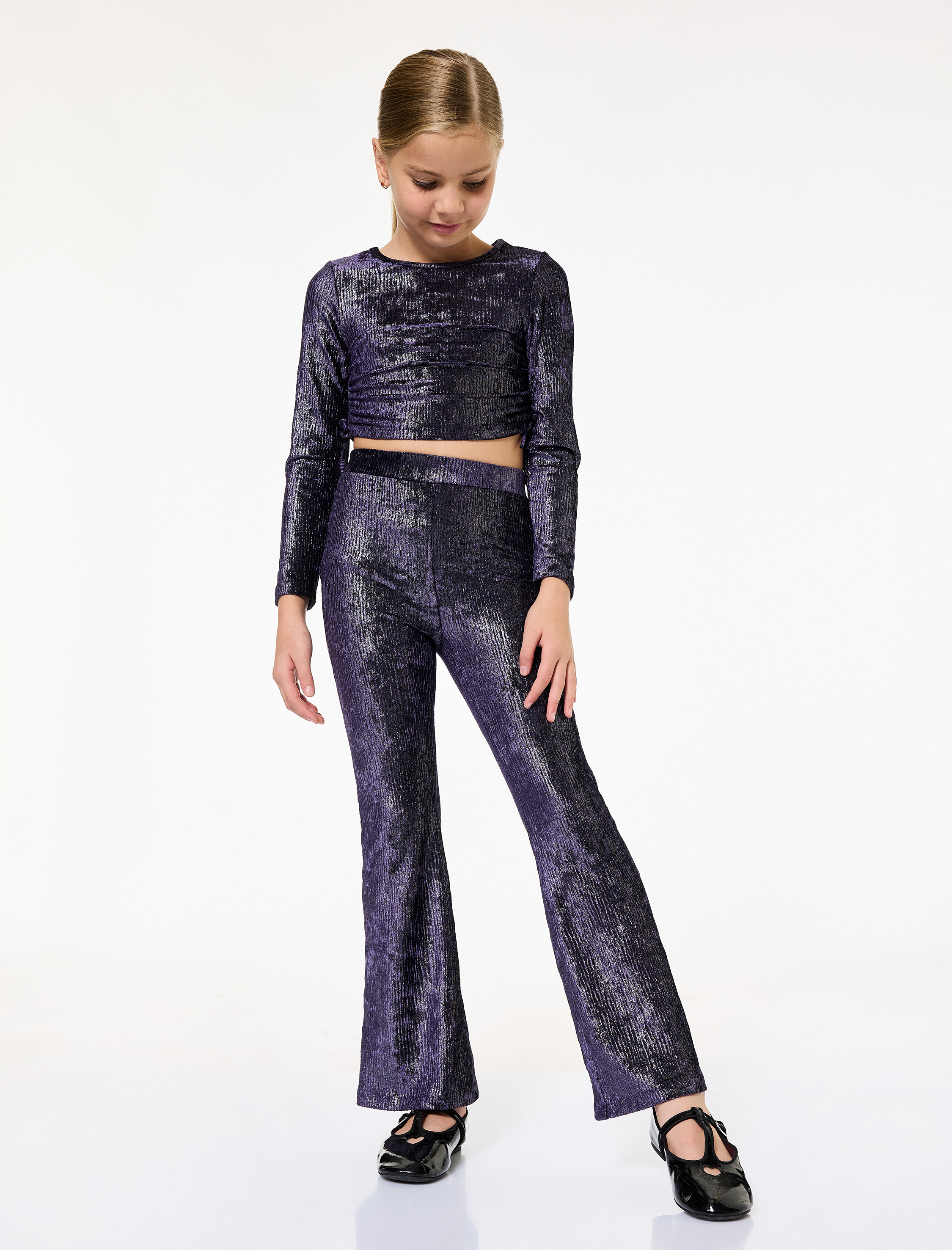  Kız Çocuk Büzgü Detaylı Uzun Kollu Bisiklet Yaka Parlak Crop Bluz