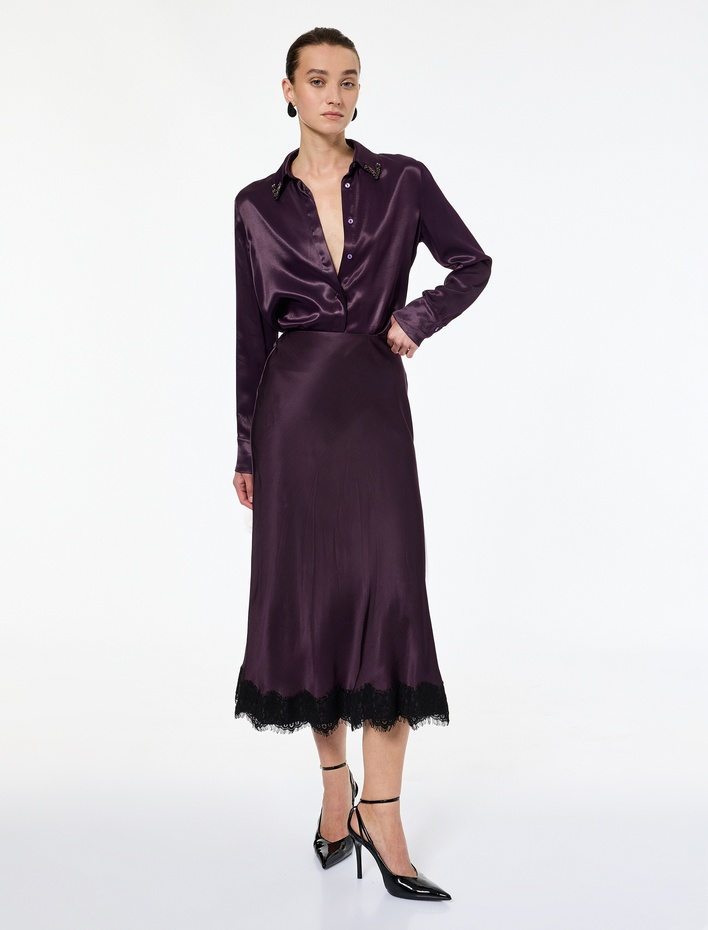  Uzun Kollu Düğmeli Klasik Yaka Taş Detaylı Viskon Saten Gömlek