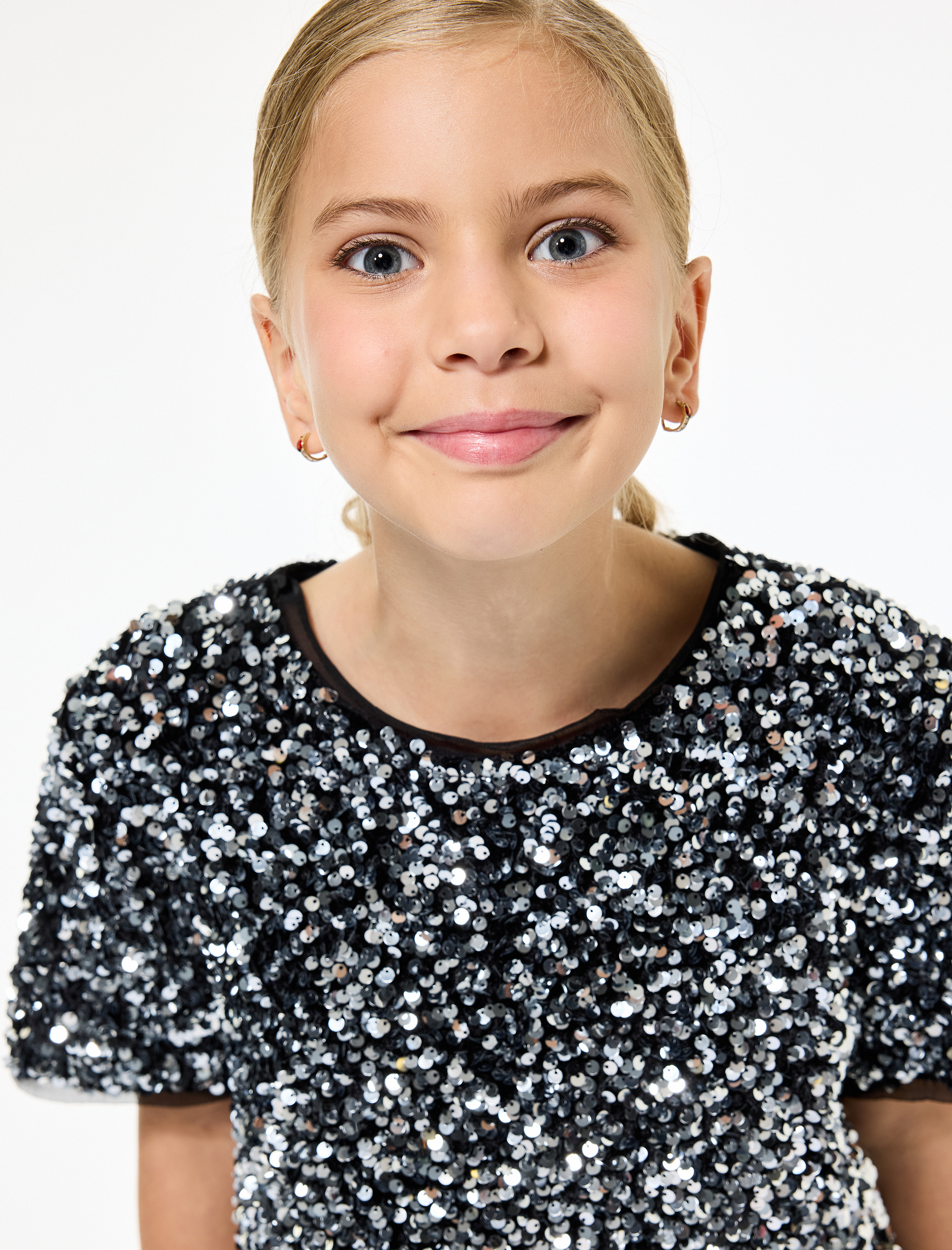  Kız Çocuk Bisiklet Yaka Kısa Kollu Pullu Payetli Yılbaşı Bluz