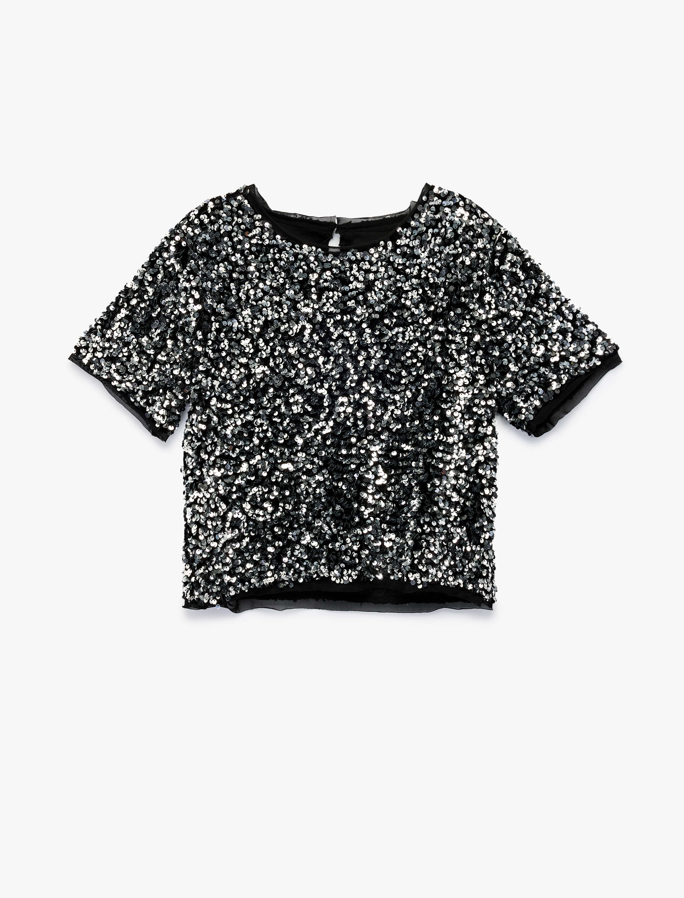  Kız Çocuk Bisiklet Yaka Kısa Kollu Pullu Payetli Yılbaşı Bluz