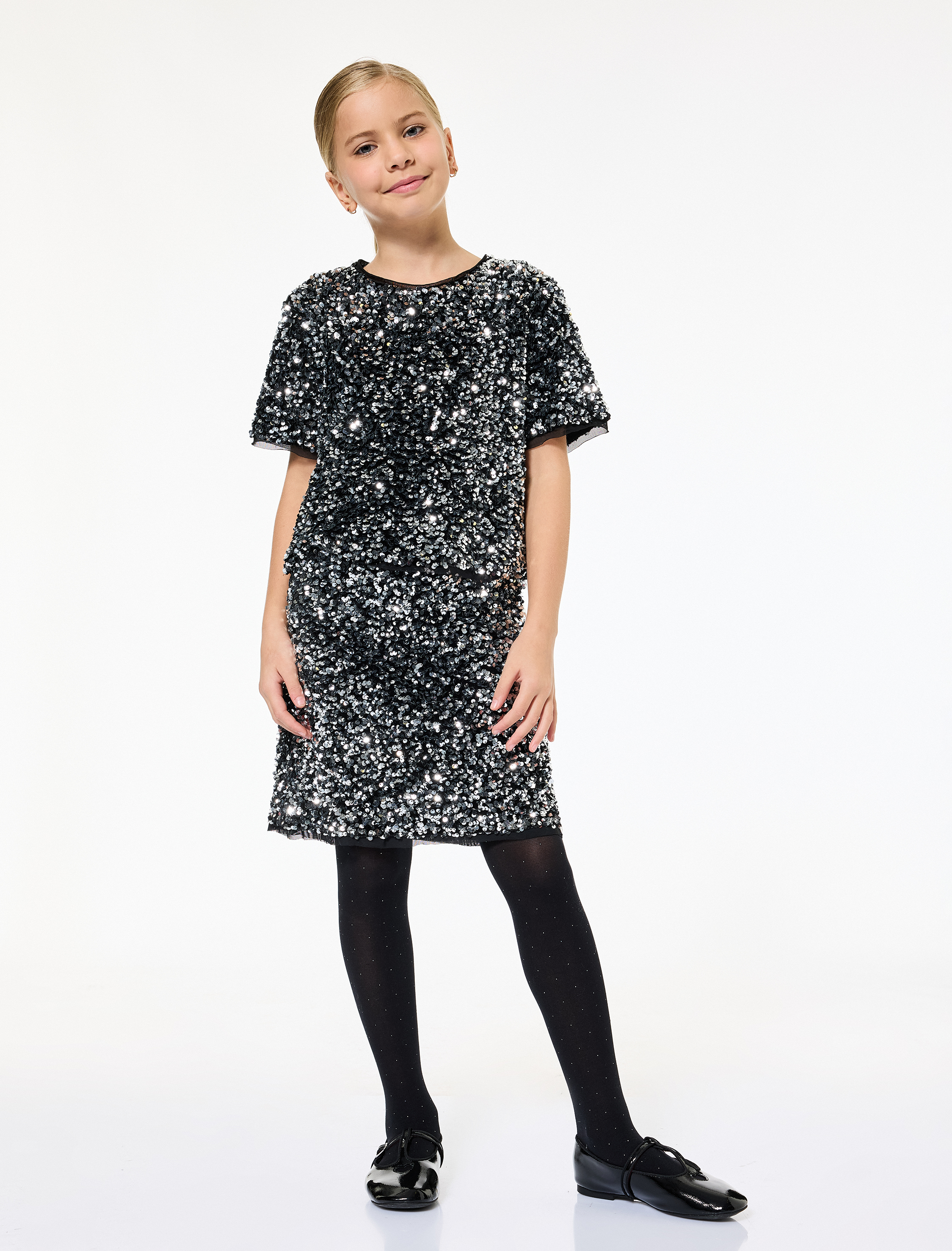  Kız Çocuk Bisiklet Yaka Kısa Kollu Pullu Payetli Yılbaşı Bluz