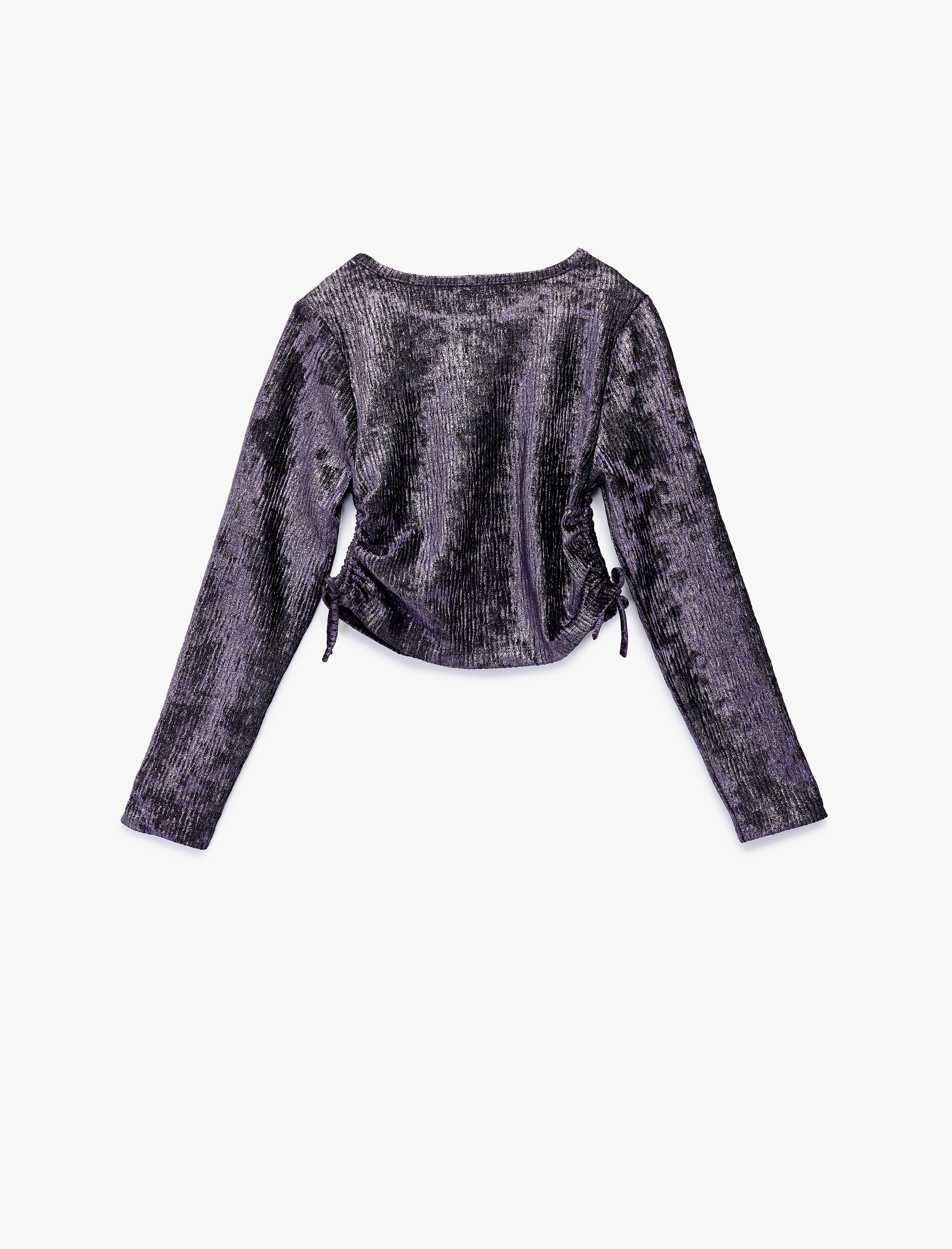  Kız Çocuk Büzgü Detaylı Uzun Kollu Bisiklet Yaka Parlak Crop Bluz