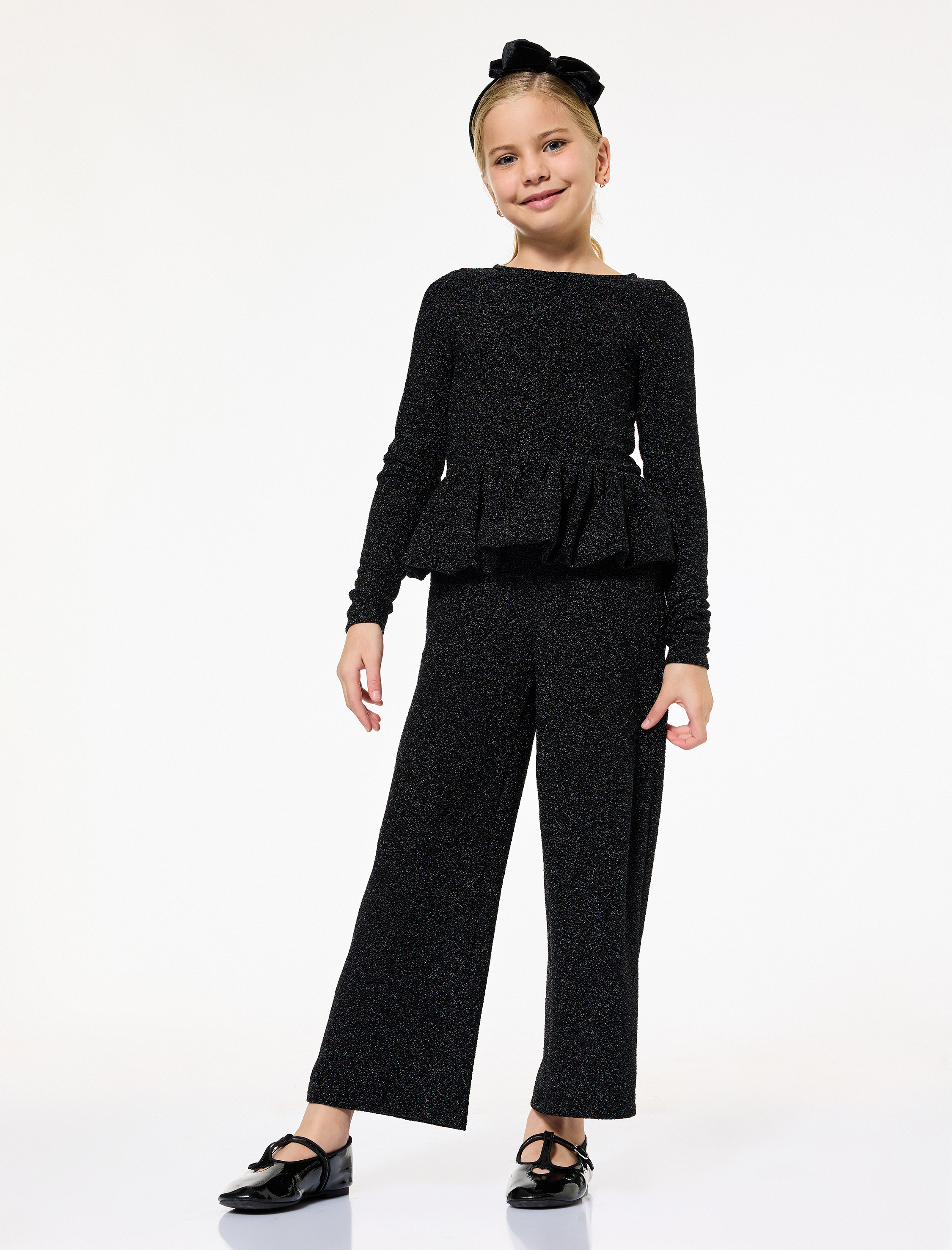  Kız Çocuk Parlak Detaylı Beli Lastikli Geniş Paça Yılbaşı Pantolon