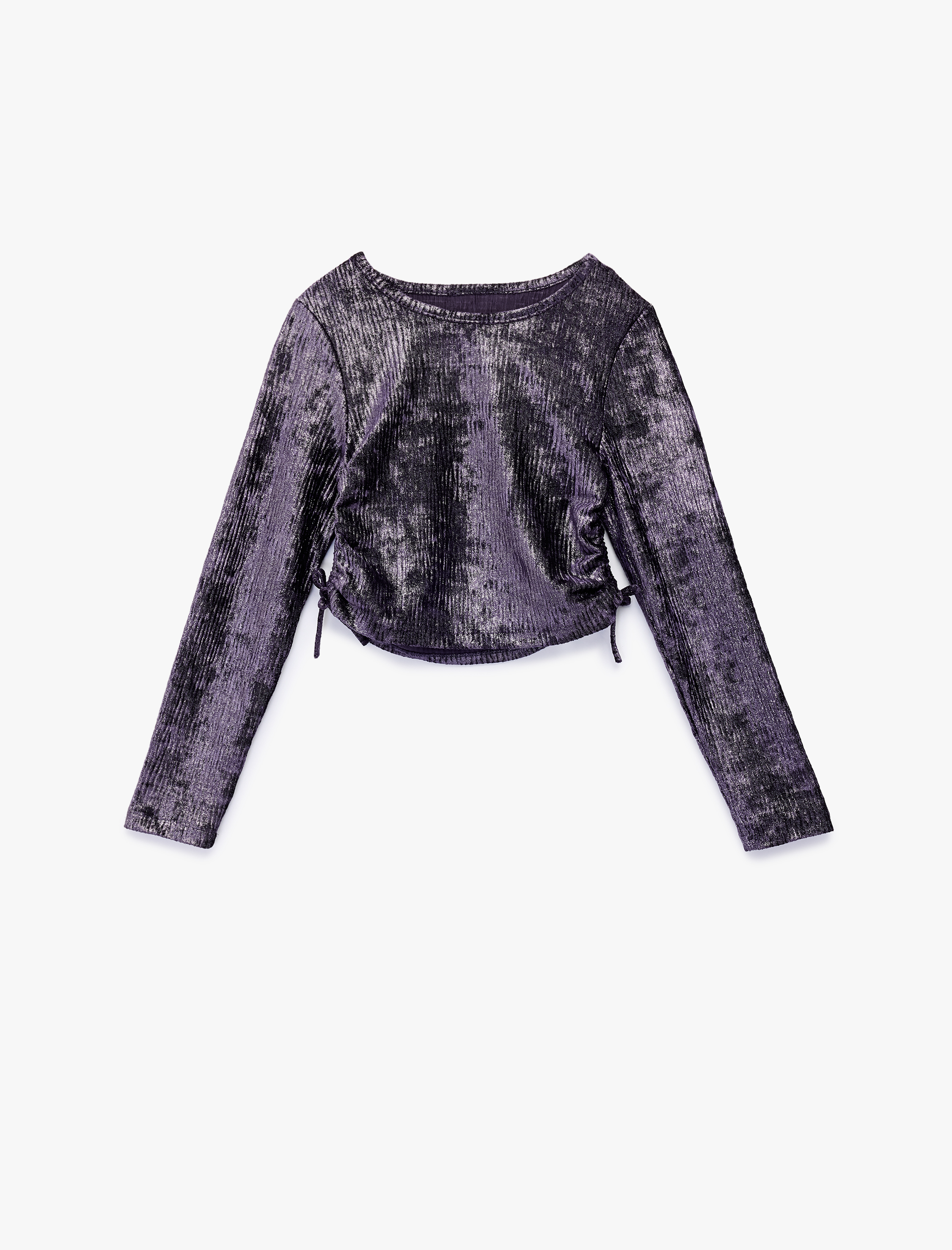  Kız Çocuk Büzgü Detaylı Uzun Kollu Bisiklet Yaka Parlak Crop Bluz