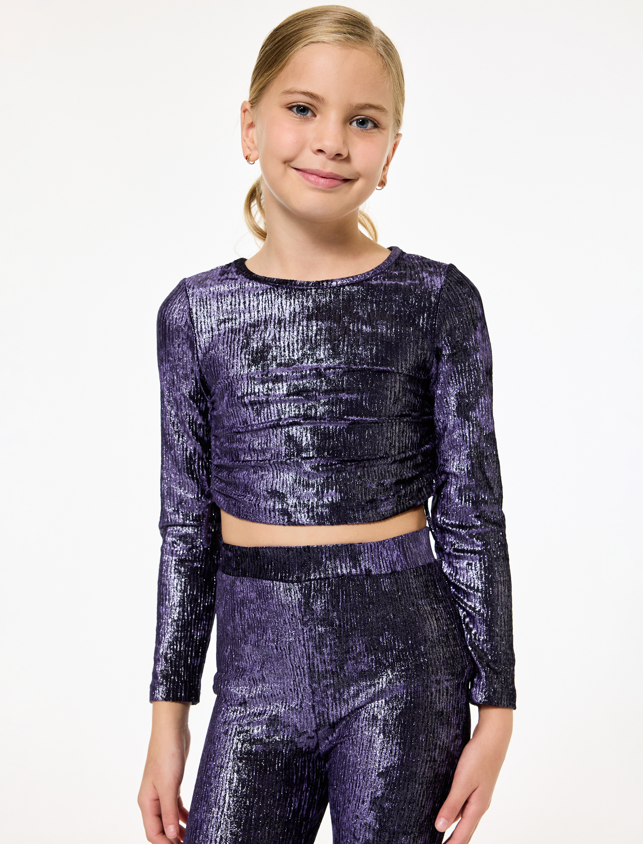  Kız Çocuk Büzgü Detaylı Uzun Kollu Bisiklet Yaka Parlak Crop Bluz