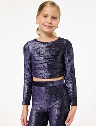 Büzgü Detaylı Uzun Kollu Bisiklet Yaka Parlak Crop Bluz