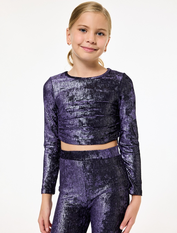 Kız Çocuk Büzgü Detaylı Uzun Kollu Bisiklet Yaka Parlak Crop Bluz