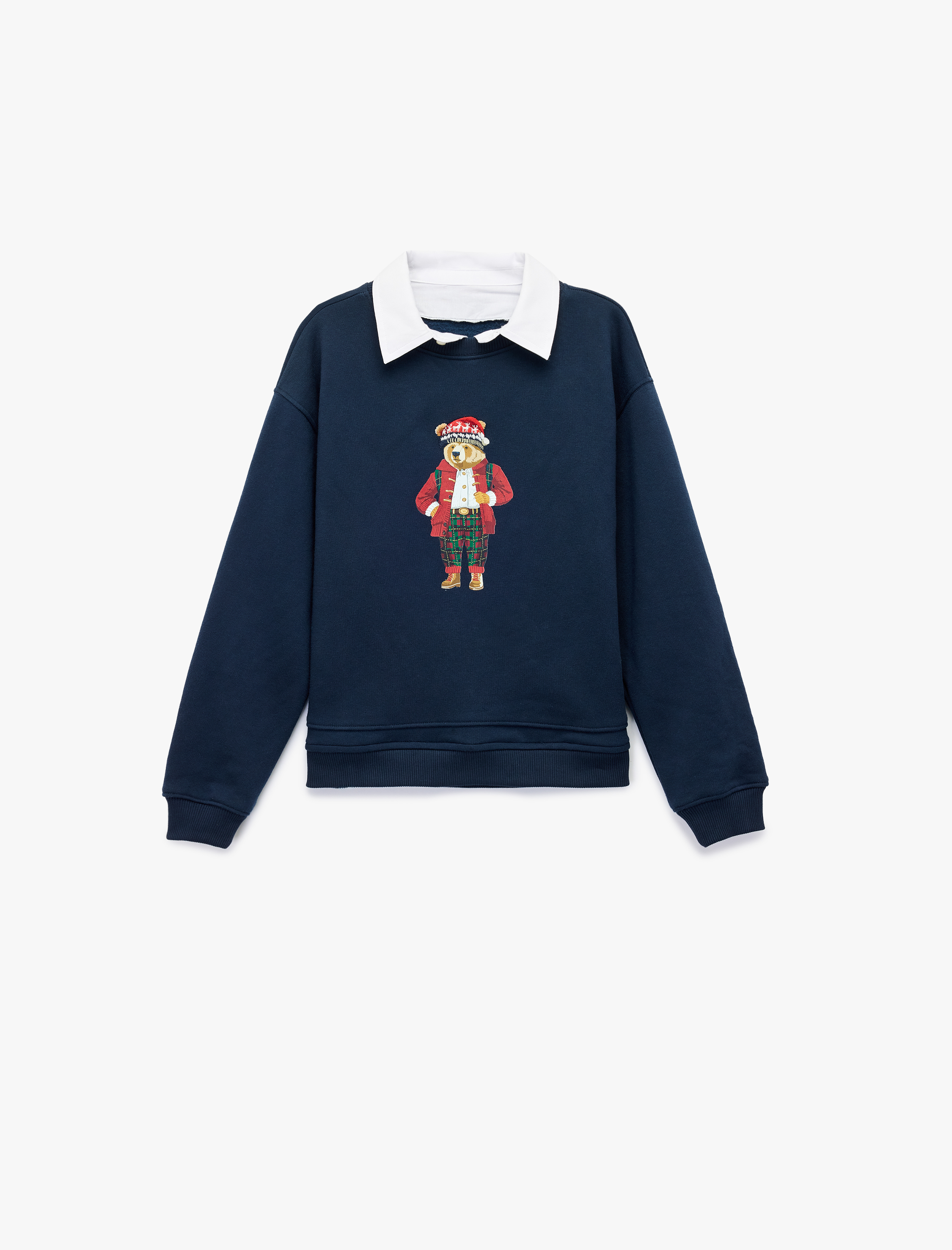  Erkek Çocuk Uzun Kollu Ayıcık Baskılı Gömlek Yaka Oversize Yılbaşı Sweatshirt