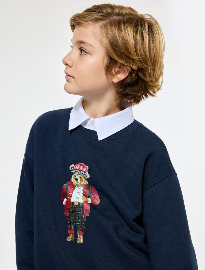 Erkek Çocuk Uzun Kollu Ayıcık Baskılı Gömlek Yaka Oversize Yılbaşı Sweatshirt