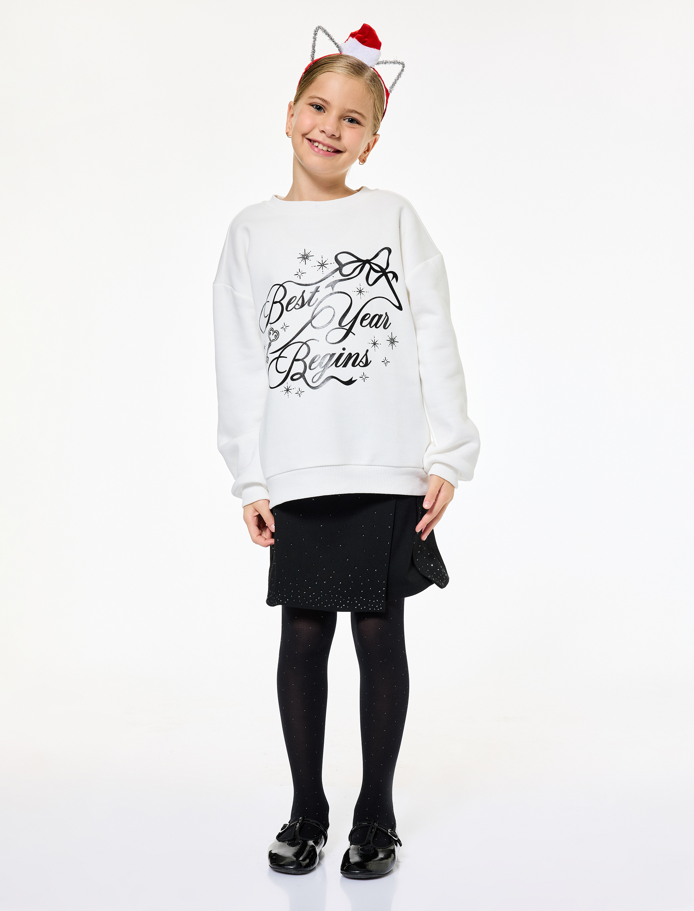  Kız Çocuk Uzun Kollu Bisiklet Yaka Yılbaşı Baskılı Sweatshirt