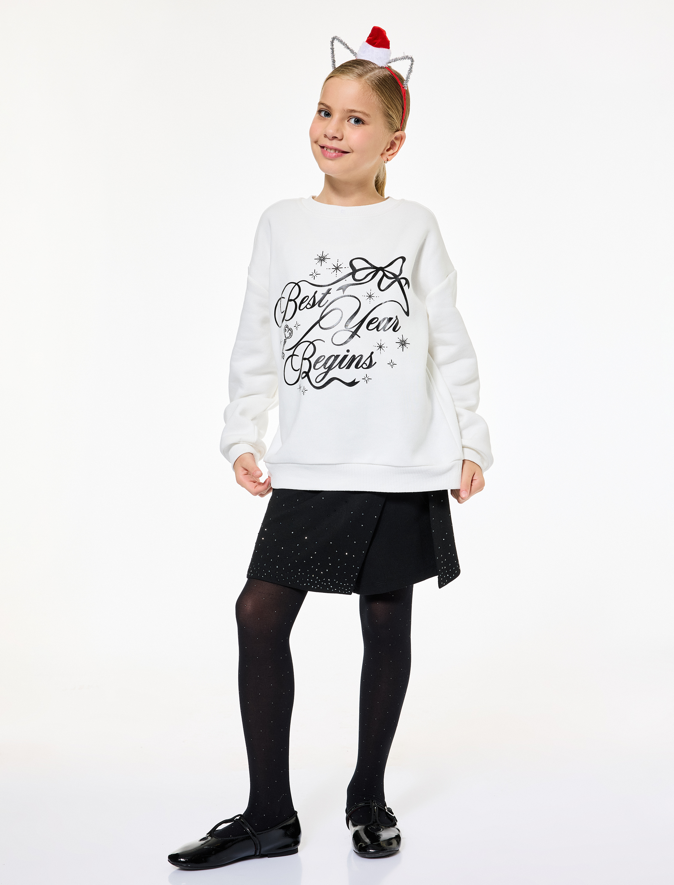  Kız Çocuk Uzun Kollu Bisiklet Yaka Yılbaşı Baskılı Sweatshirt